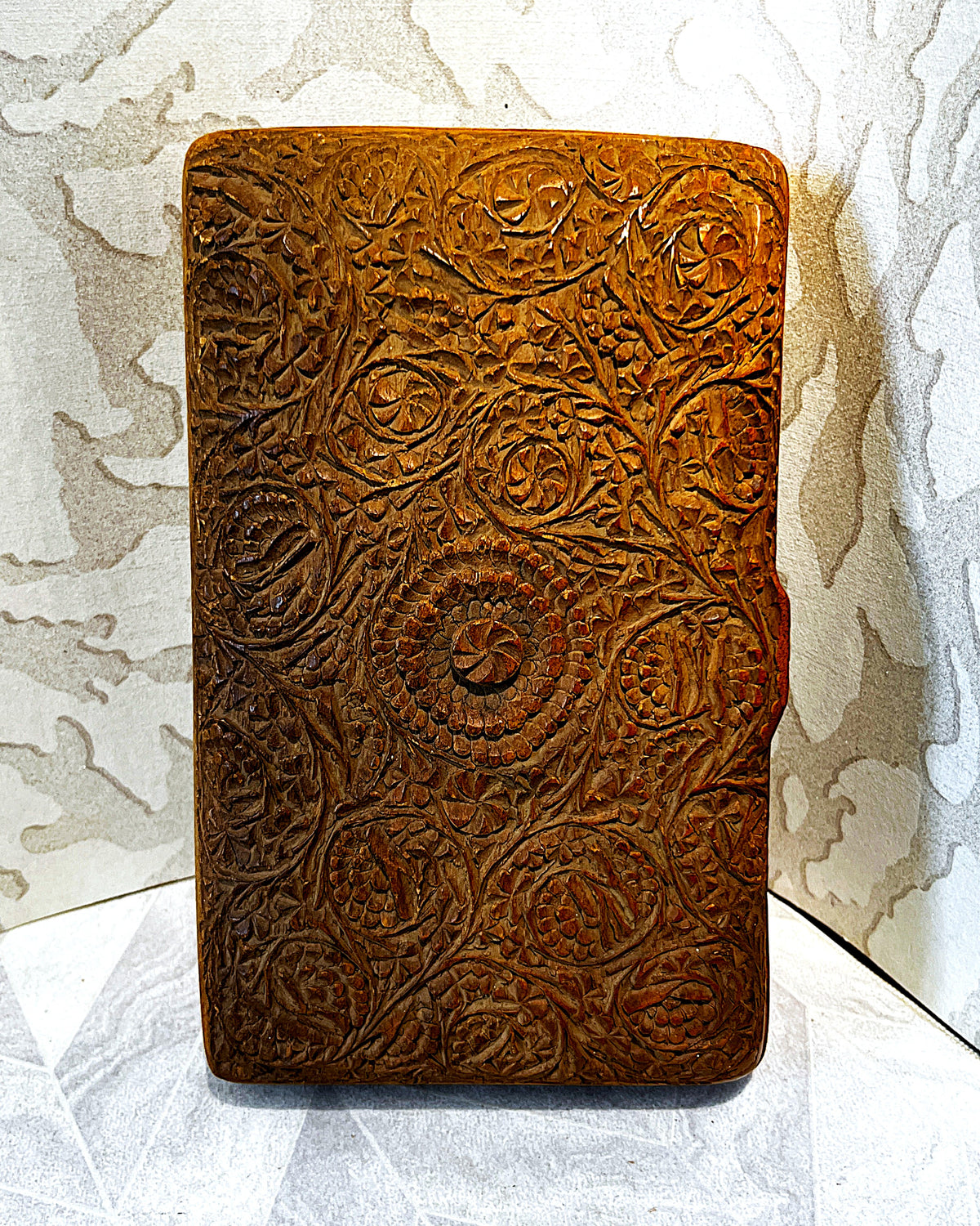 Carved Wood: Kashmiri Hand-Carved Walnut Wood Trinket Box Detailed Anglo-Indian Floral Relief