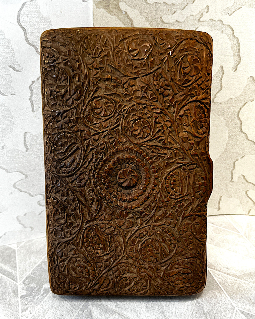 Carved Wood: Kashmiri Hand-Carved Walnut Wood Trinket Box Detailed Anglo-Indian Floral Relief