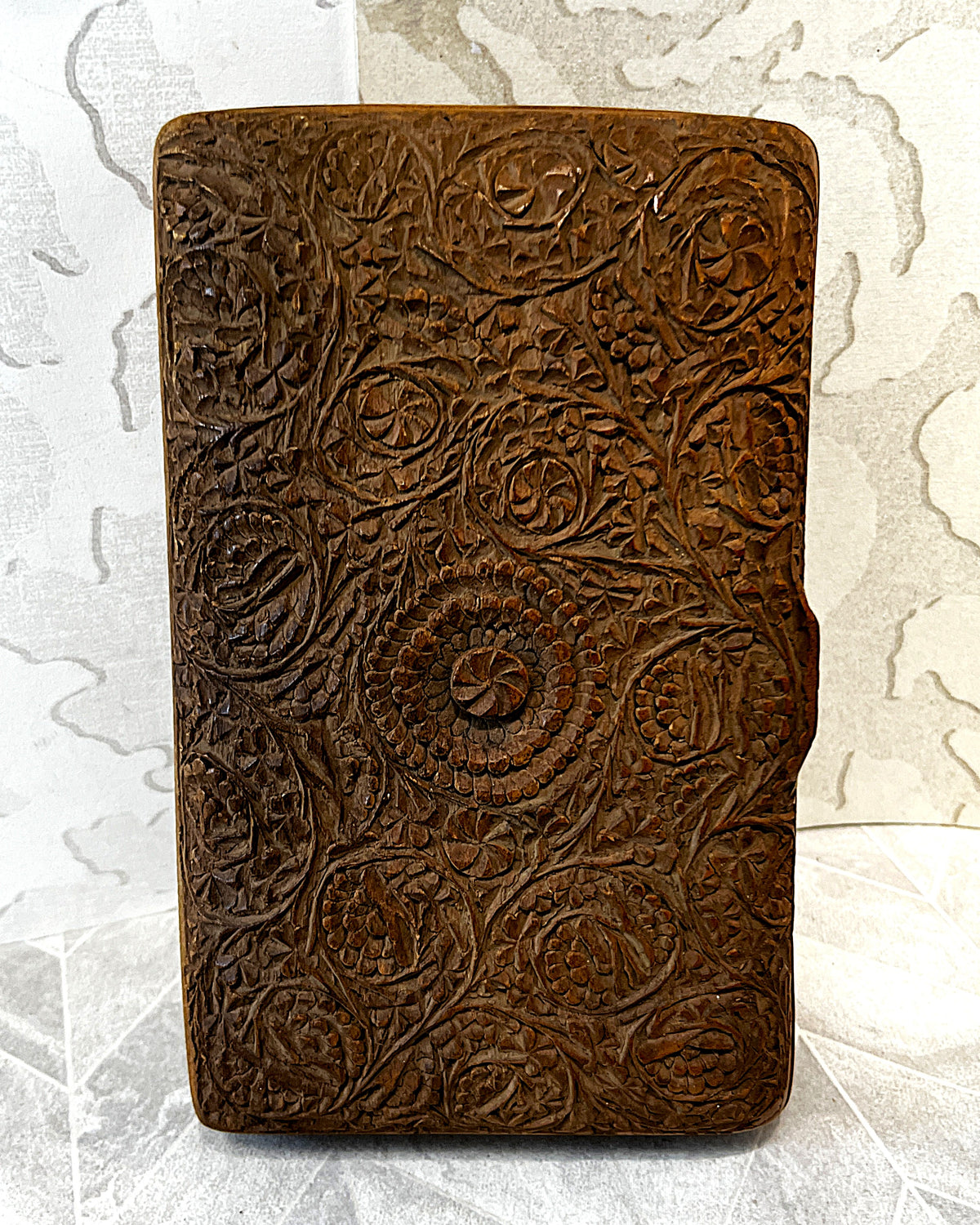 Carved Wood: Kashmiri Hand-Carved Walnut Wood Trinket Box Detailed Anglo-Indian Floral Relief