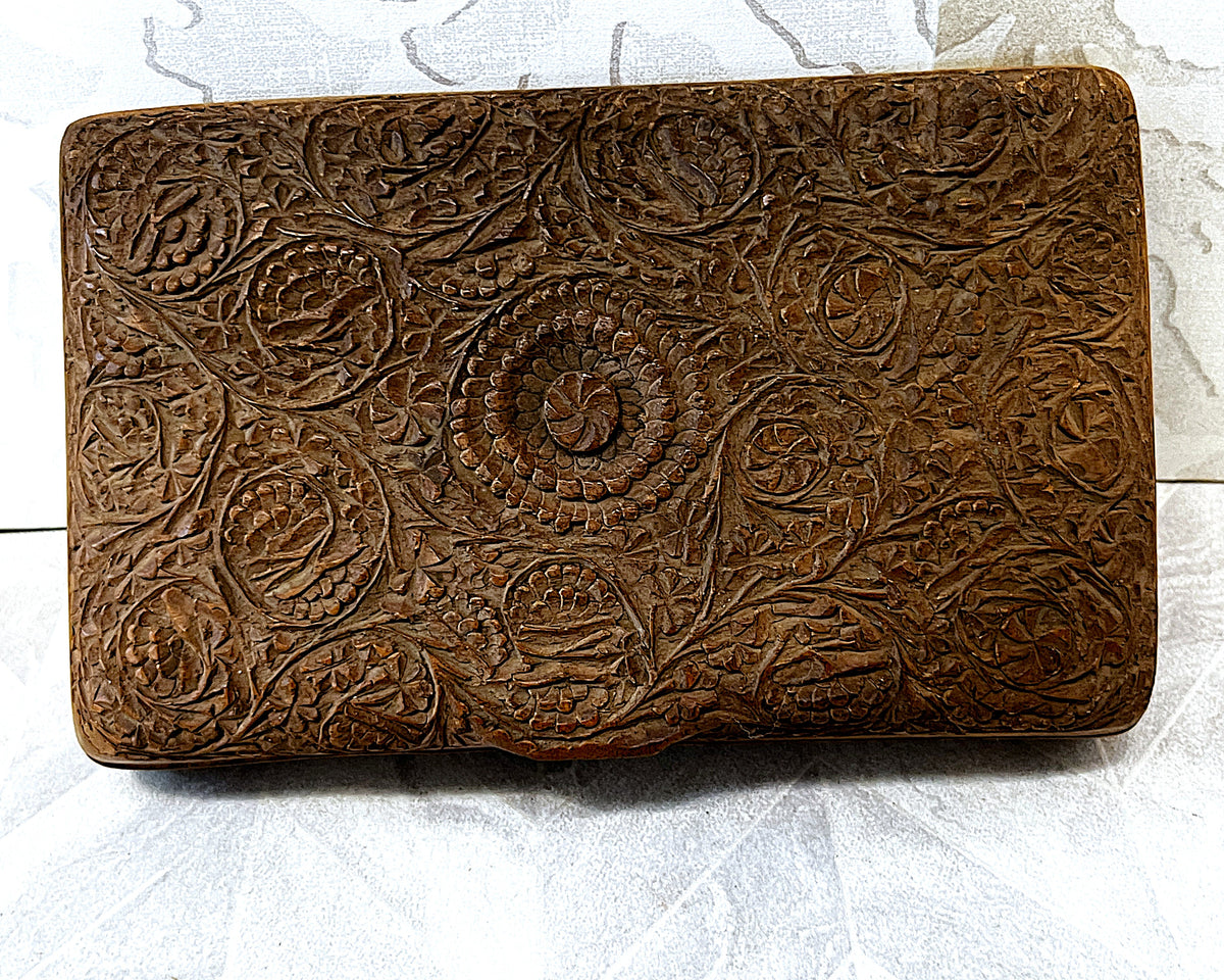 Carved Wood: Kashmiri Hand-Carved Walnut Wood Trinket Box Detailed Anglo-Indian Floral Relief