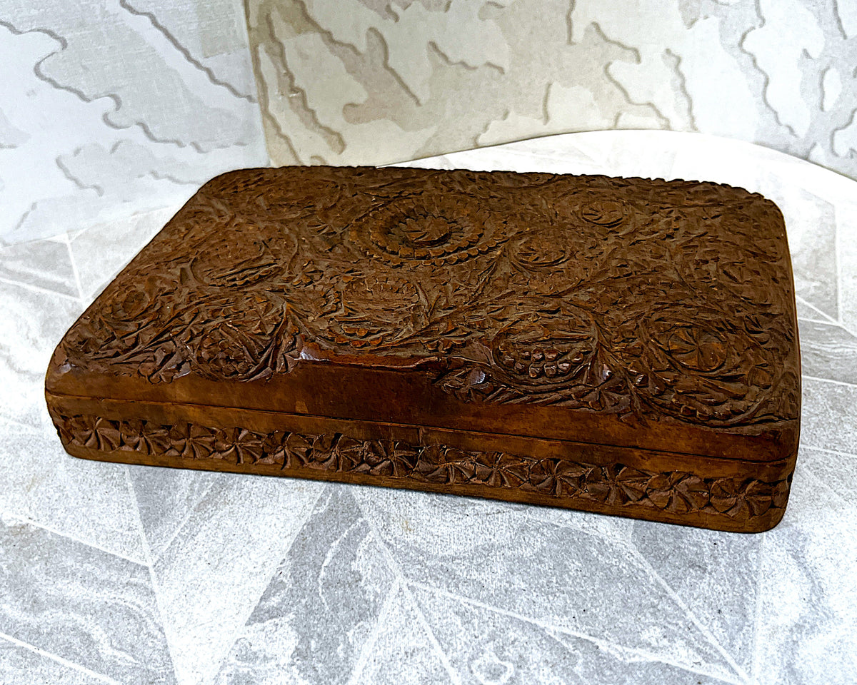 Carved Wood: Kashmiri Hand-Carved Walnut Wood Trinket Box Detailed Anglo-Indian Floral Relief