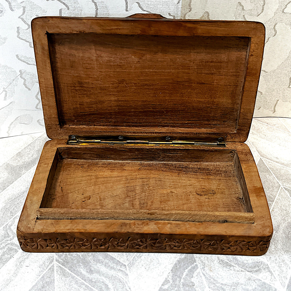 Carved Wood: Kashmiri Hand-Carved Walnut Wood Trinket Box Detailed Anglo-Indian Floral Relief