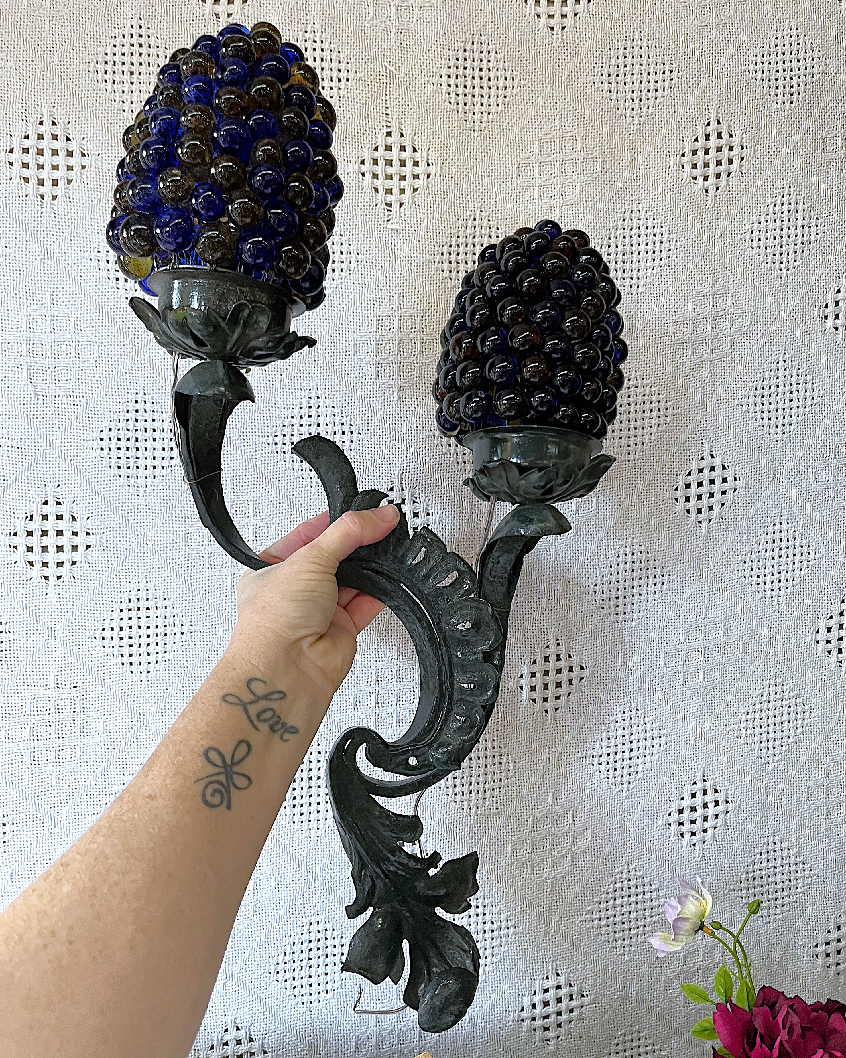 Lights: Italian Cesare Toso Murano Amber & Cobalt Blue Glass Grape Wall Sconces