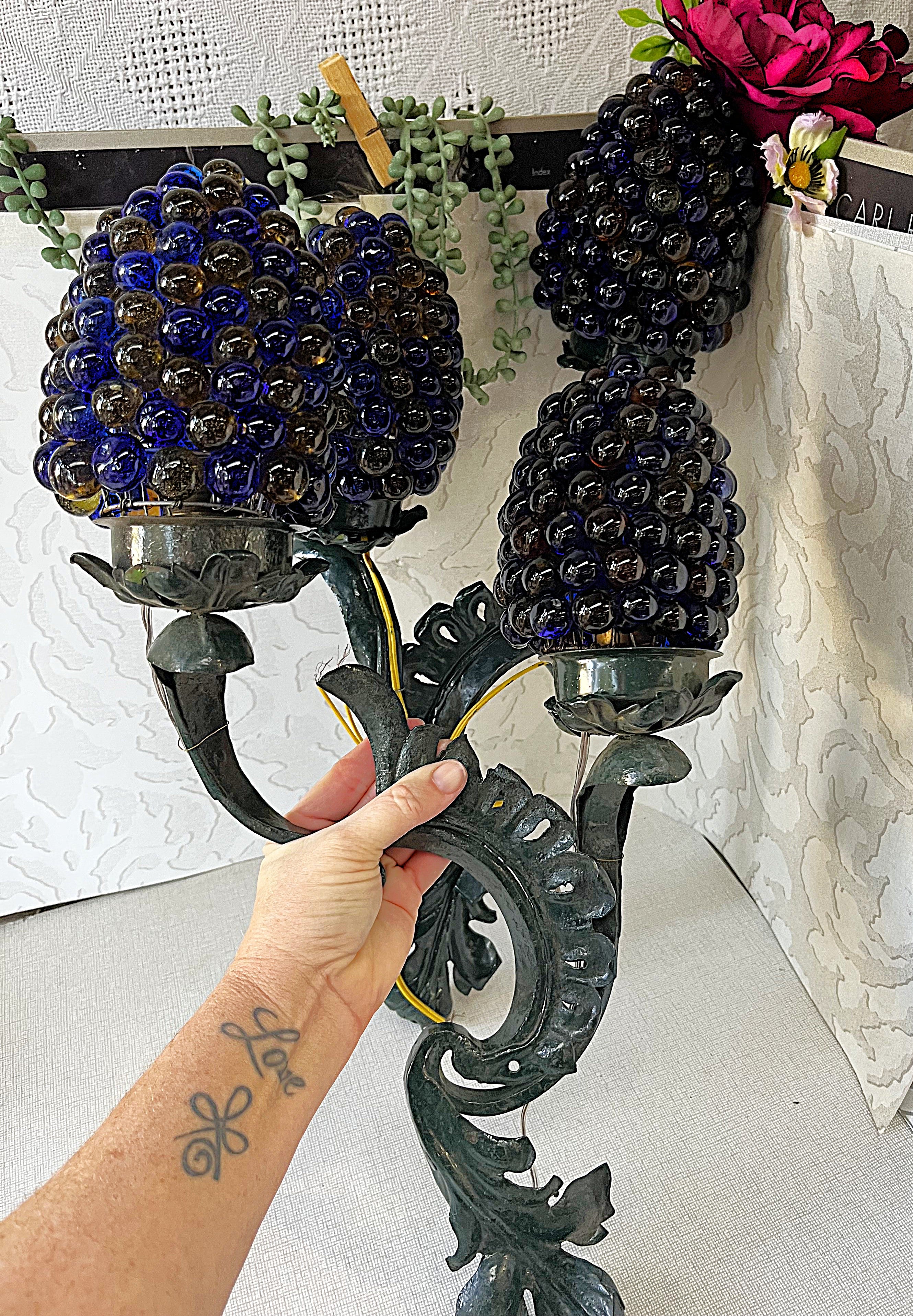Lights: Italian Cesare Toso Murano Amber & Cobalt Blue Glass Grape Wall Sconces