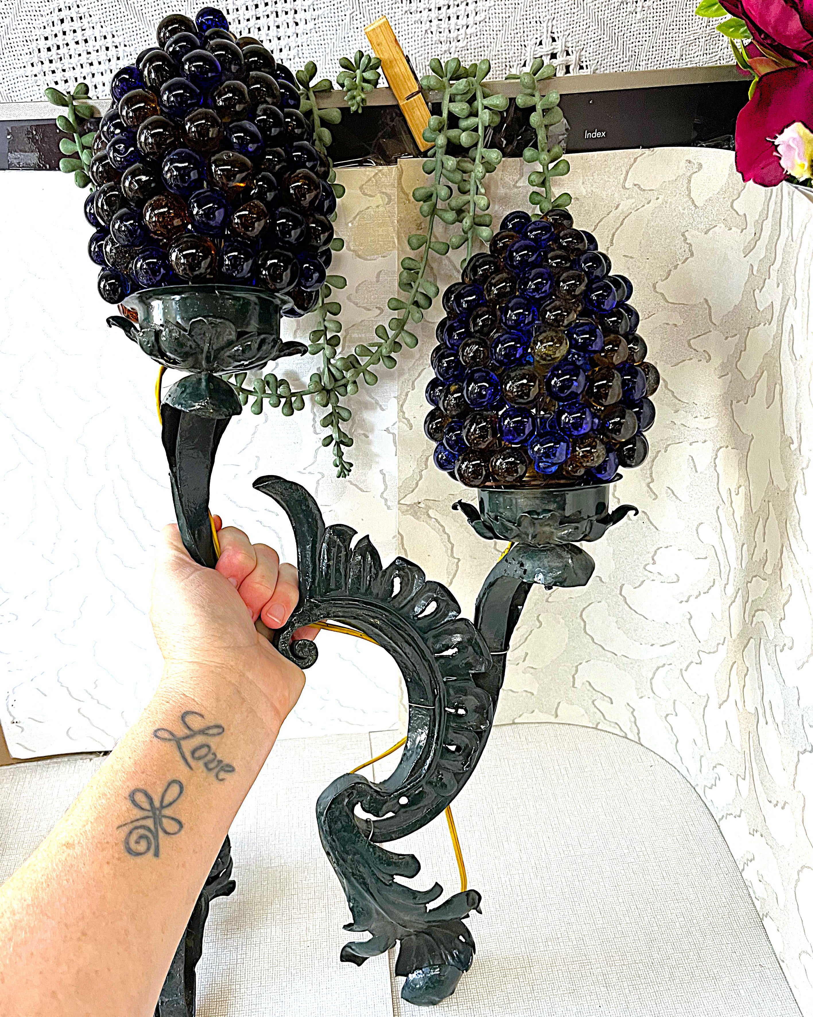 Lights: Italian Cesare Toso Murano Amber & Cobalt Blue Glass Grape Wall Sconces