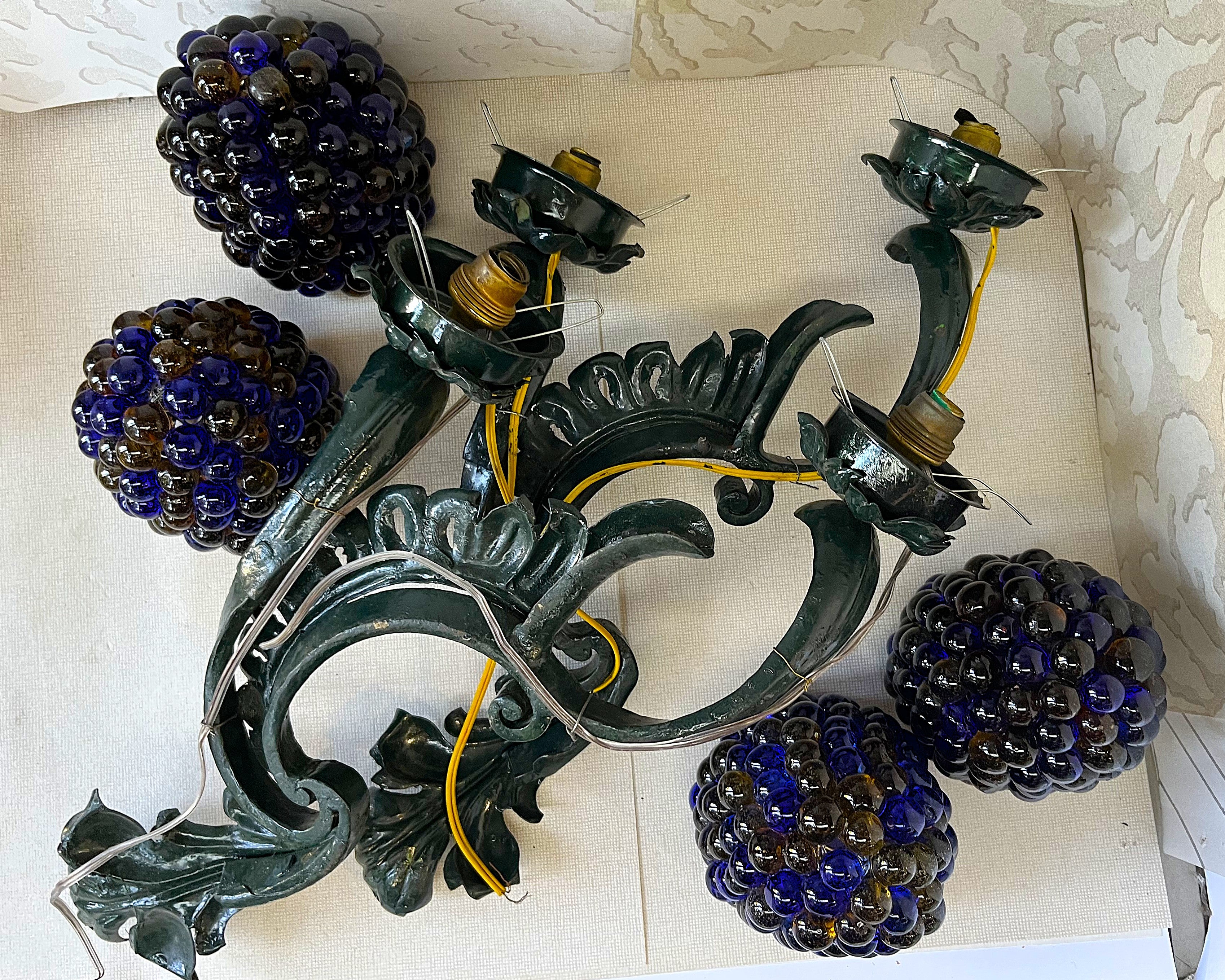 Lights: Italian Cesare Toso Murano Amber & Cobalt Blue Glass Grape Wall Sconces