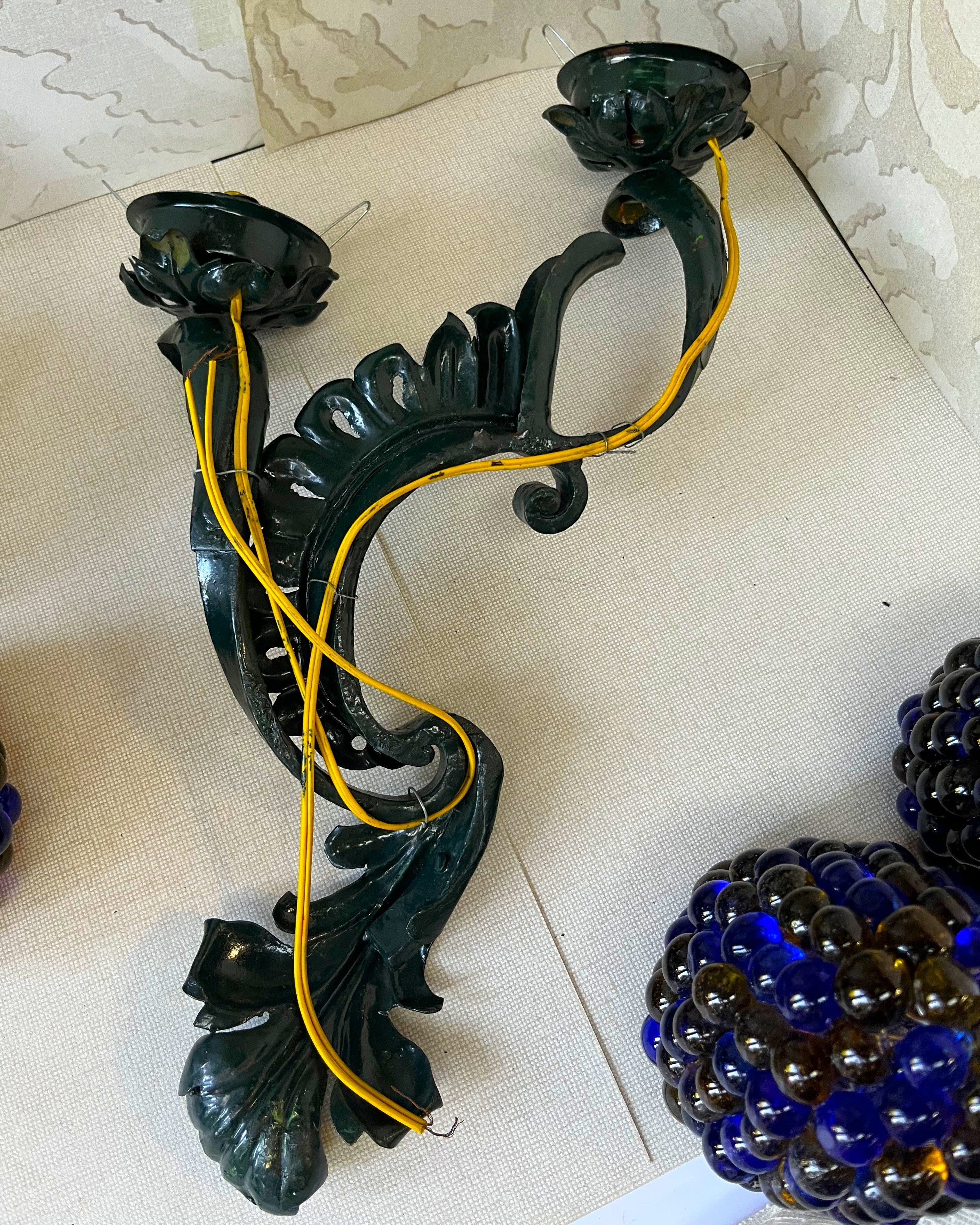 Lights: Italian Cesare Toso Murano Amber & Cobalt Blue Glass Grape Wall Sconces