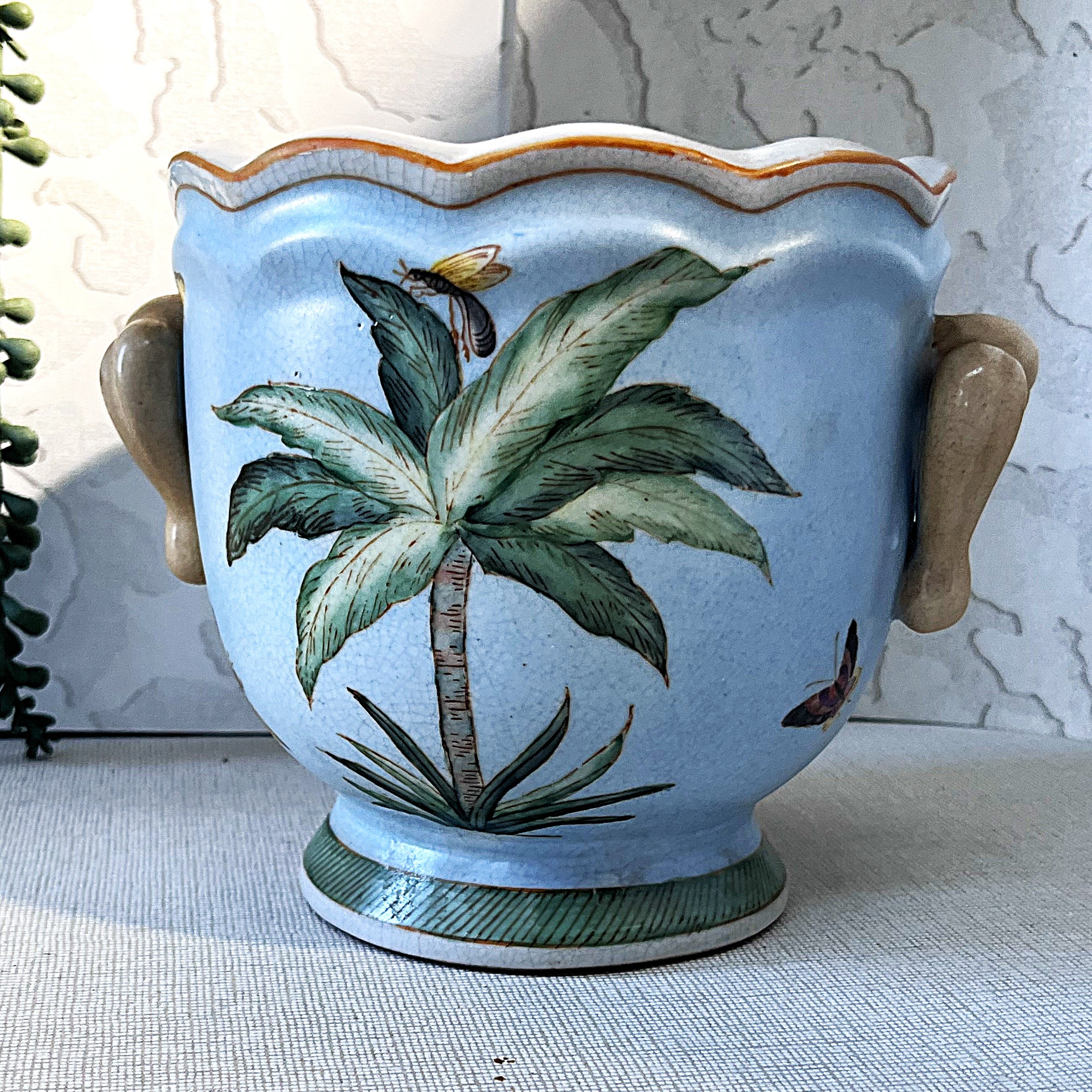 Oriental Art: Palm Tree & Butterfly Ginger Jar & Cachepot Planter Pair