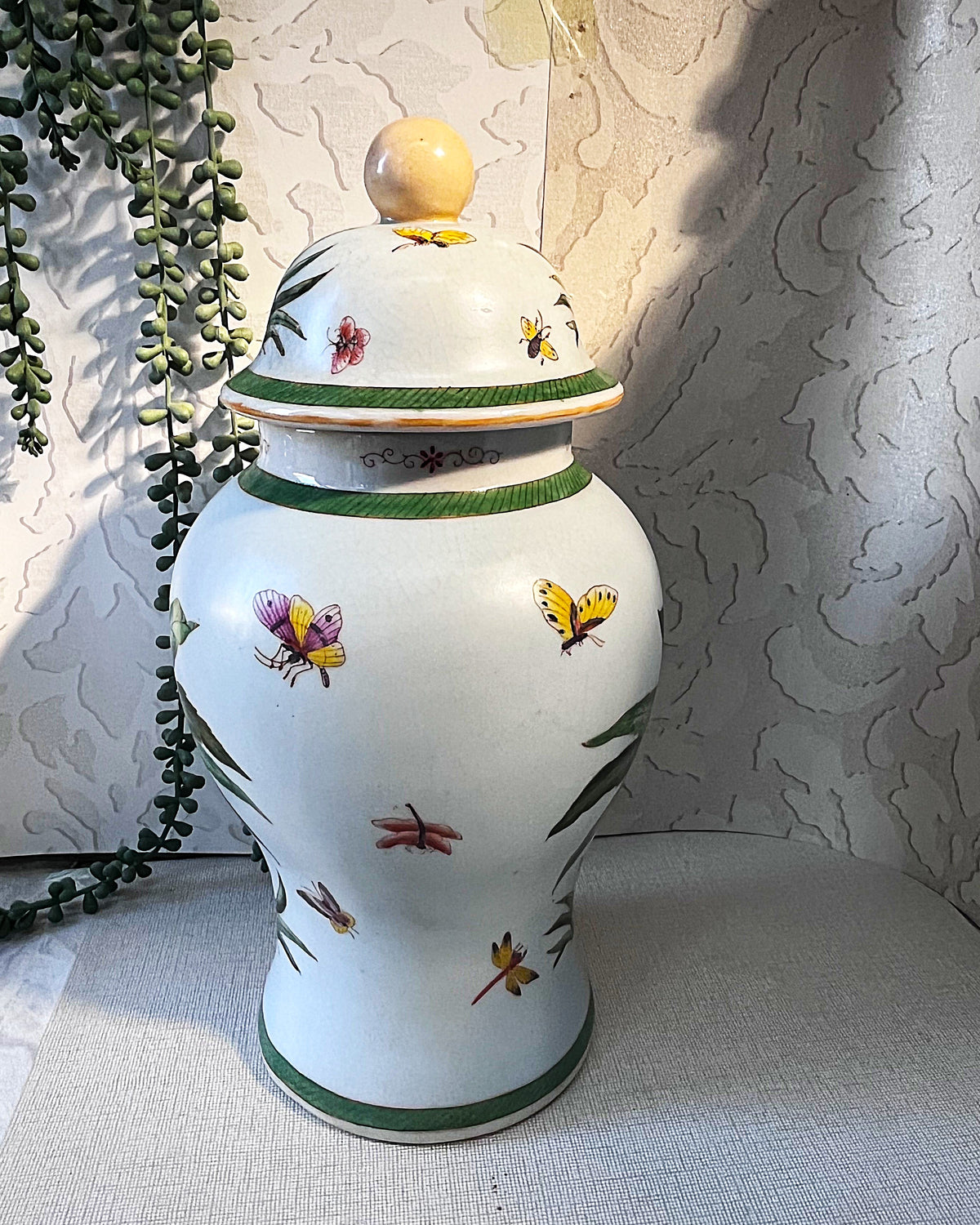 Oriental Art: Palm Tree & Butterfly Ginger Jar & Cachepot Planter Pair