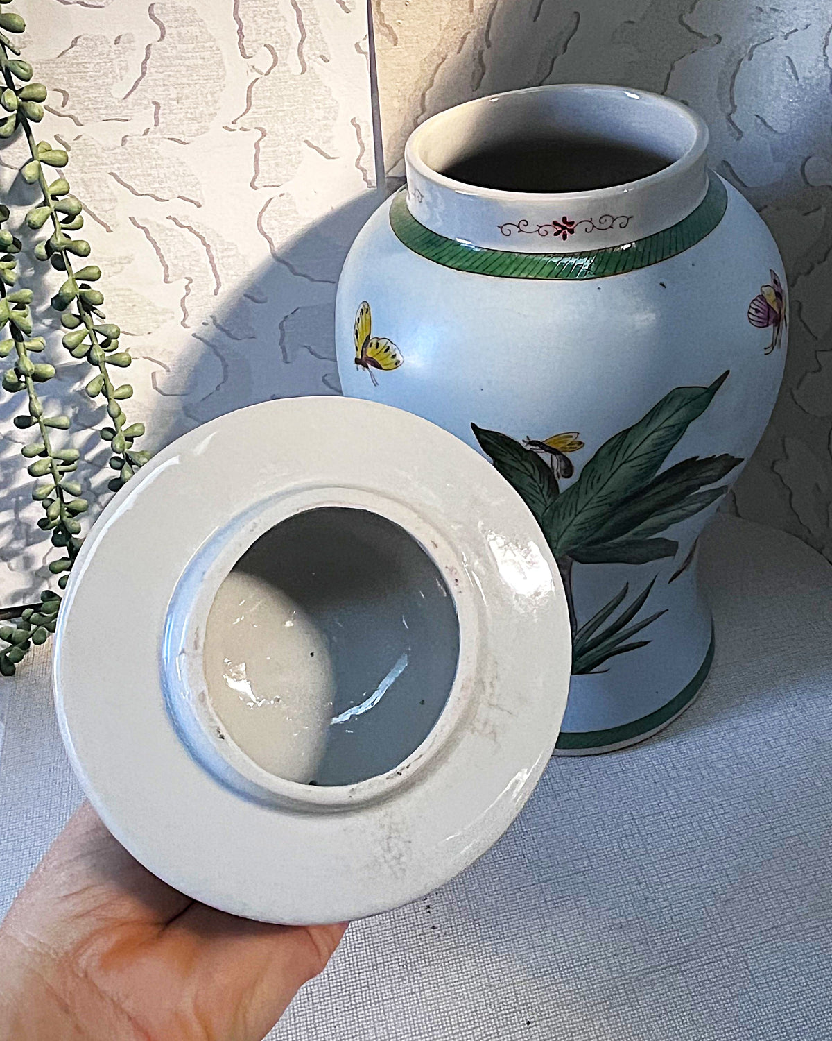 Oriental Art: Palm Tree & Butterfly Ginger Jar & Cachepot Planter Pair