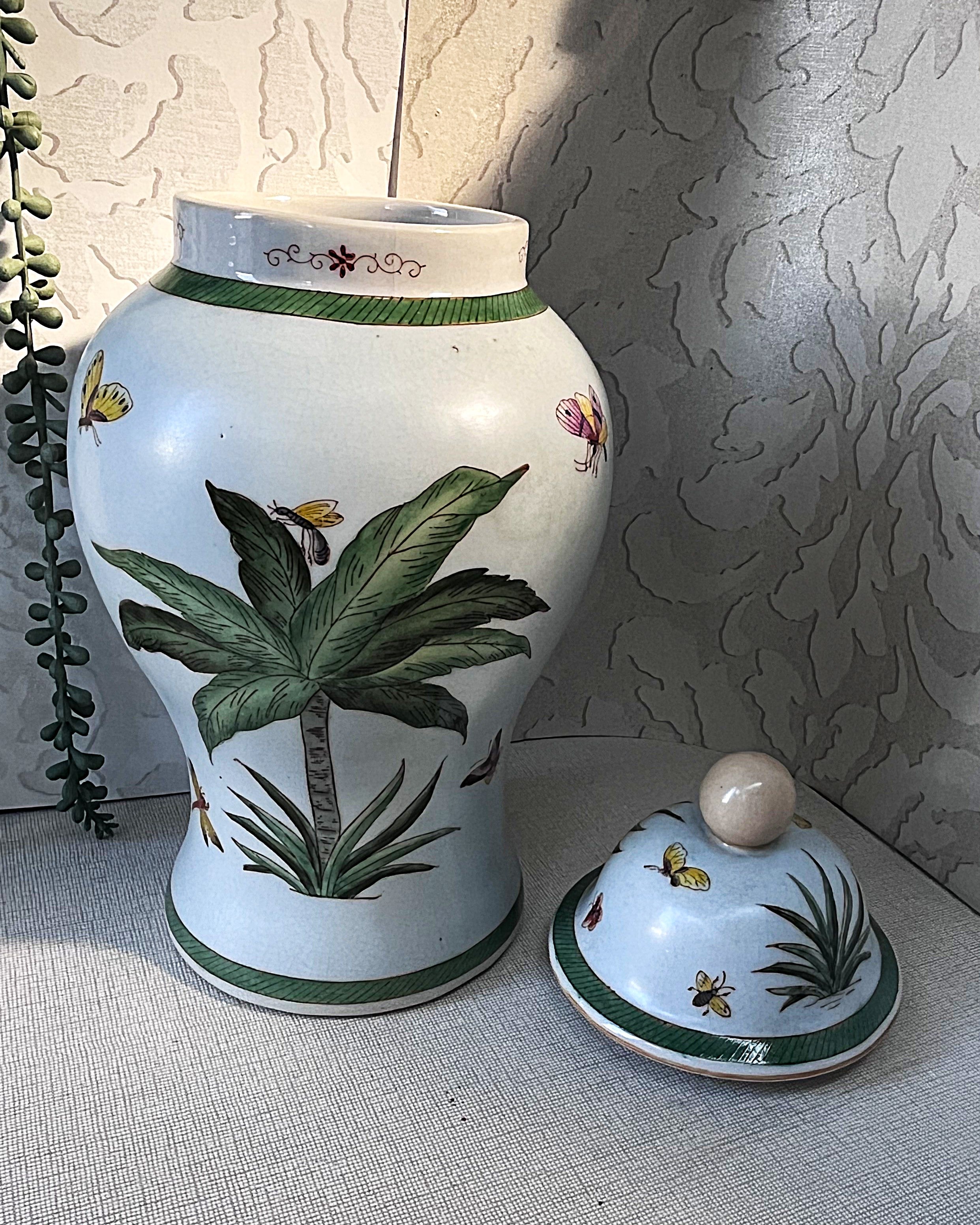 Oriental Art: Palm Tree & Butterfly Ginger Jar & Cachepot Planter Pair