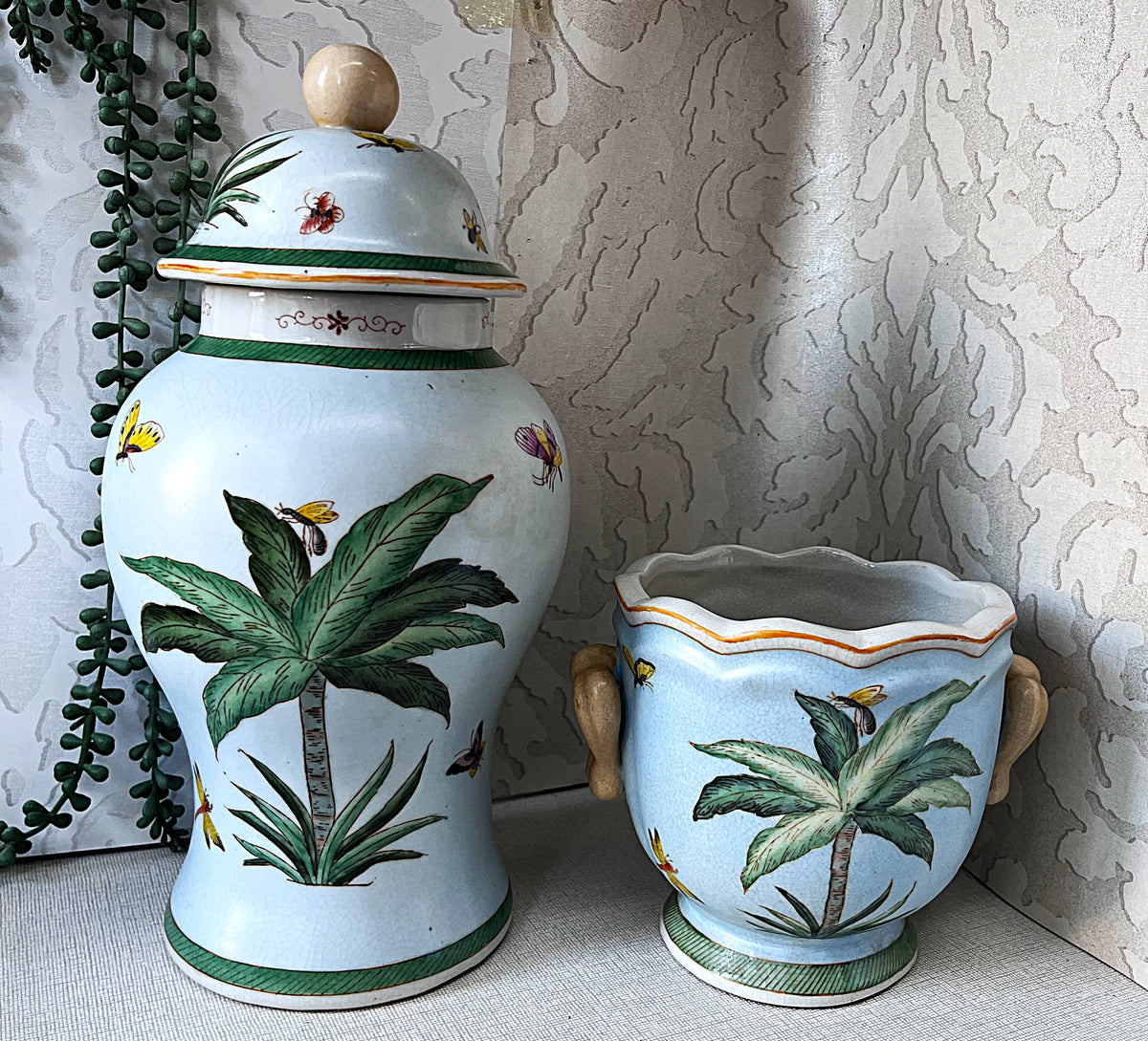 Oriental Art: Palm Tree & Butterfly Ginger Jar & Cachepot Planter Pair