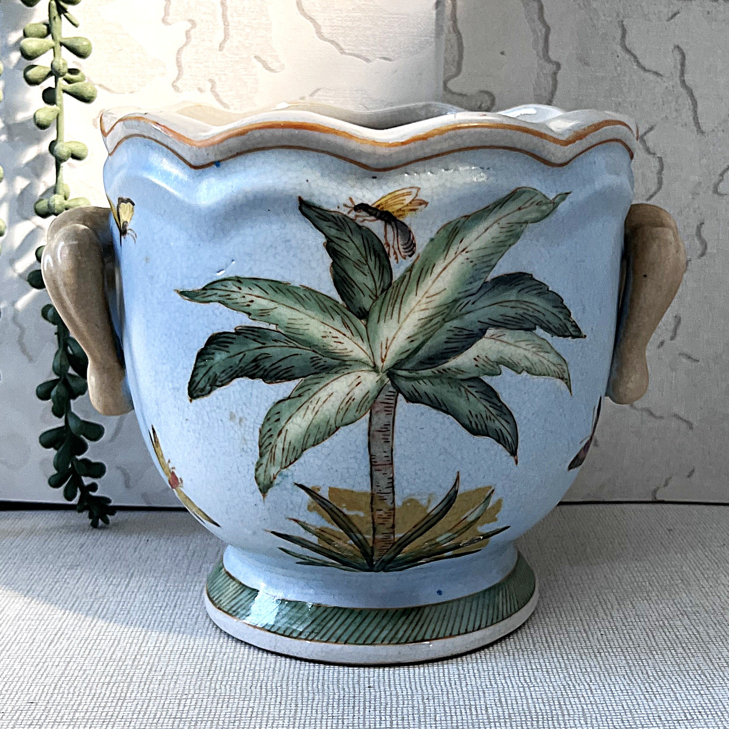 Oriental Art: Palm Tree & Butterfly Ginger Jar & Cachepot Planter Pair