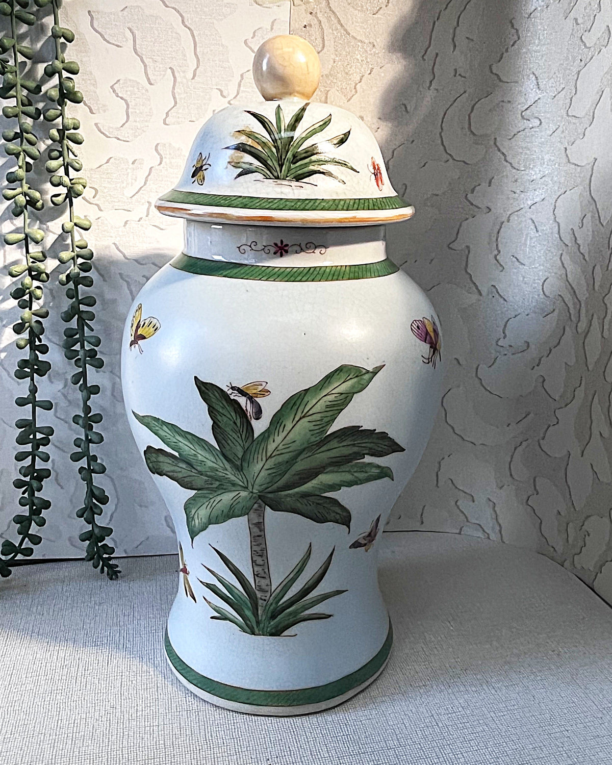 Oriental Art: Palm Tree & Butterfly Ginger Jar & Cachepot Planter Pair
