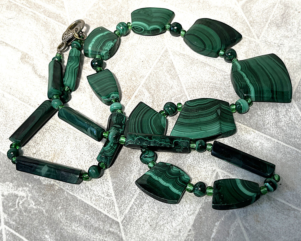 Jewellery: African Malachite Graduated Panel Statement Necklace, Minor Side Flaw