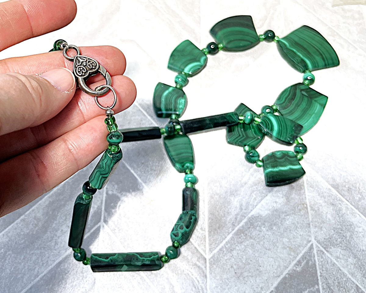 Jewellery: African Malachite Graduated Panel Statement Necklace, Minor Side Flaw