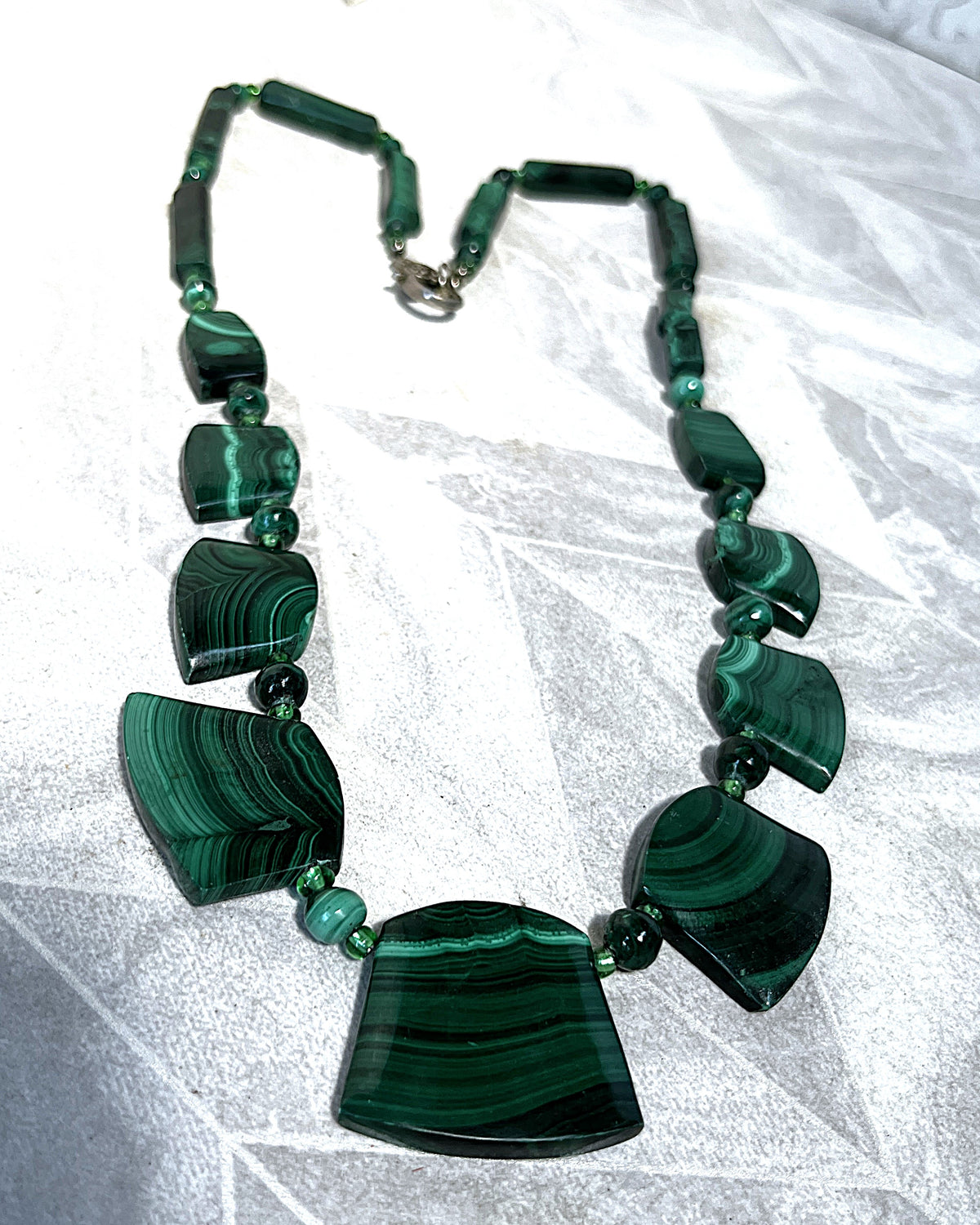 Jewellery: African Malachite Graduated Panel Statement Necklace, Minor Side Flaw