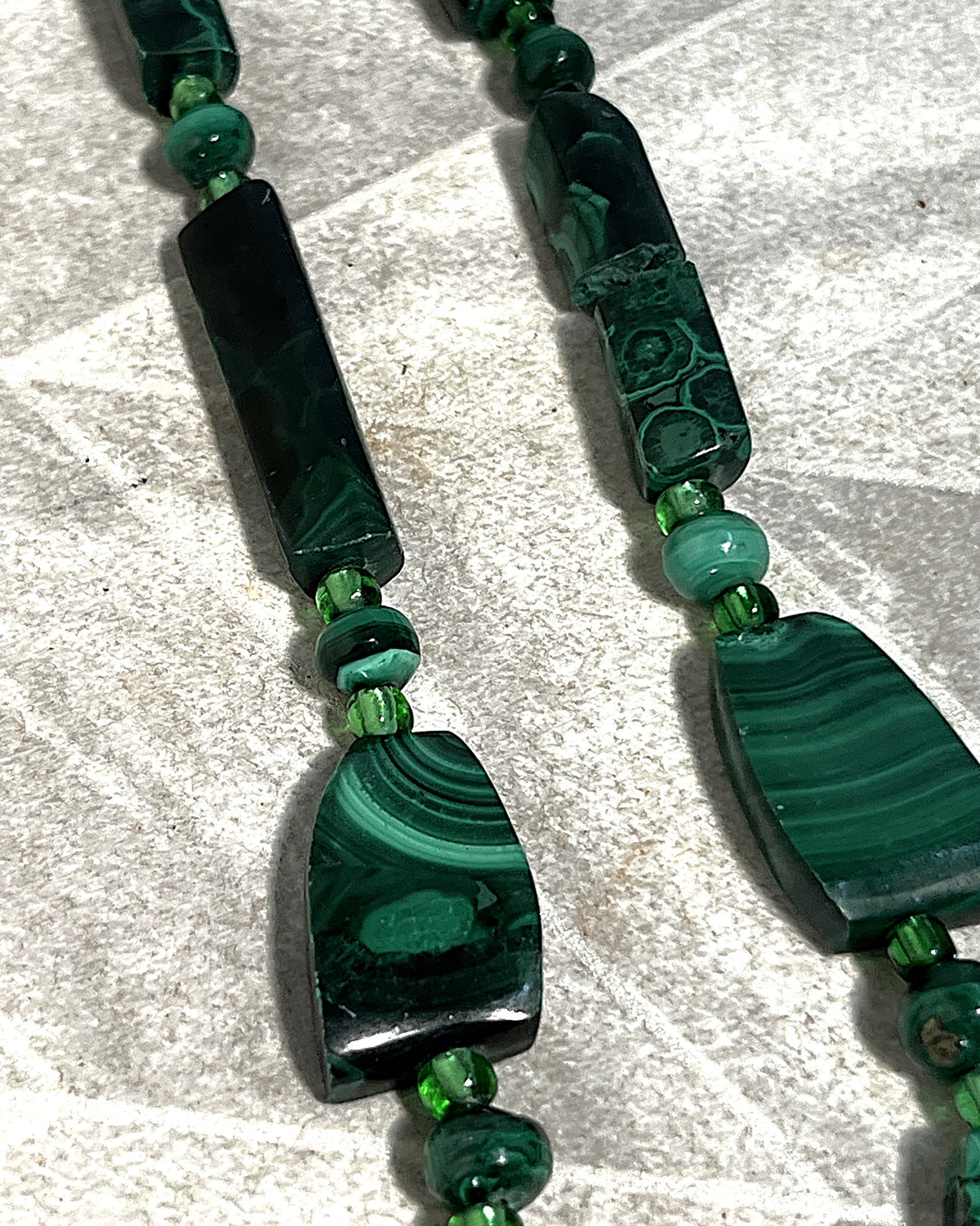 Jewellery: African Malachite Graduated Panel Statement Necklace, Minor Side Flaw