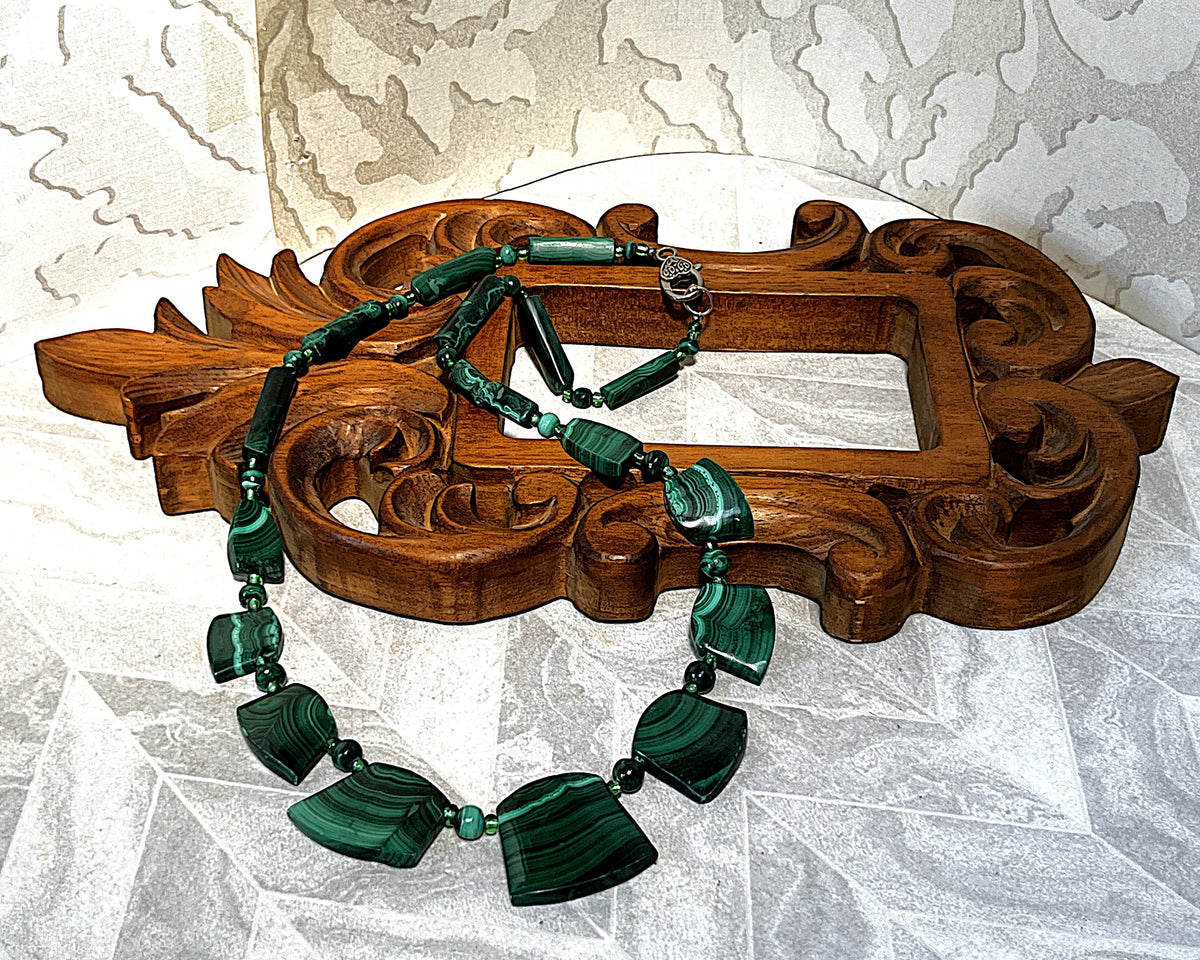 Jewellery: African Malachite Graduated Panel Statement Necklace, Minor Side Flaw