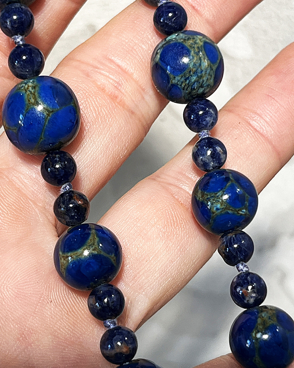 Jewellery: Deep Ultramarine Lapis Lazuli Hand-Knotted 90cm Opera Strand — 925 Sterling Silver Clasp