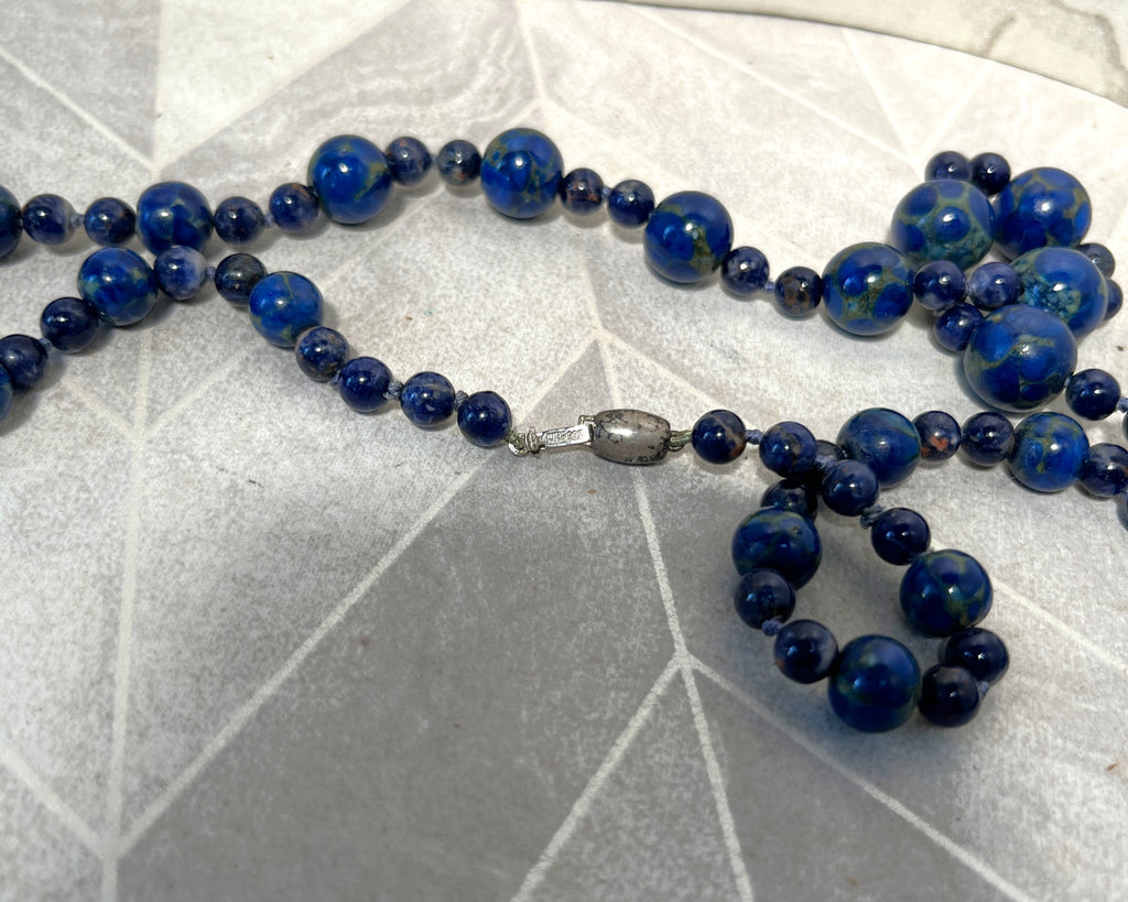 Jewellery: Deep Ultramarine Lapis Lazuli Hand-Knotted 90cm Opera Strand — 925 Sterling Silver Clasp