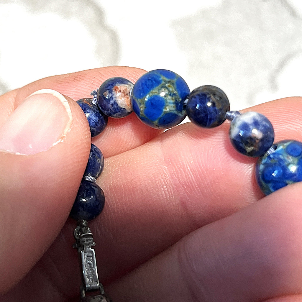 Jewellery: Deep Ultramarine Lapis Lazuli Hand-Knotted 90cm Opera Strand — 925 Sterling Silver Clasp