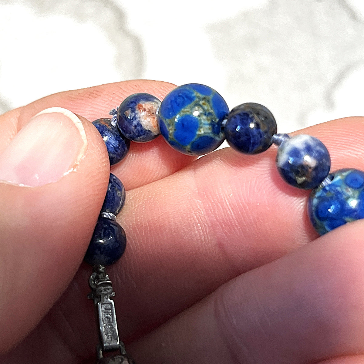 Jewellery: Deep Ultramarine Lapis Lazuli Hand-Knotted 90cm Opera Strand — 925 Sterling Silver Clasp