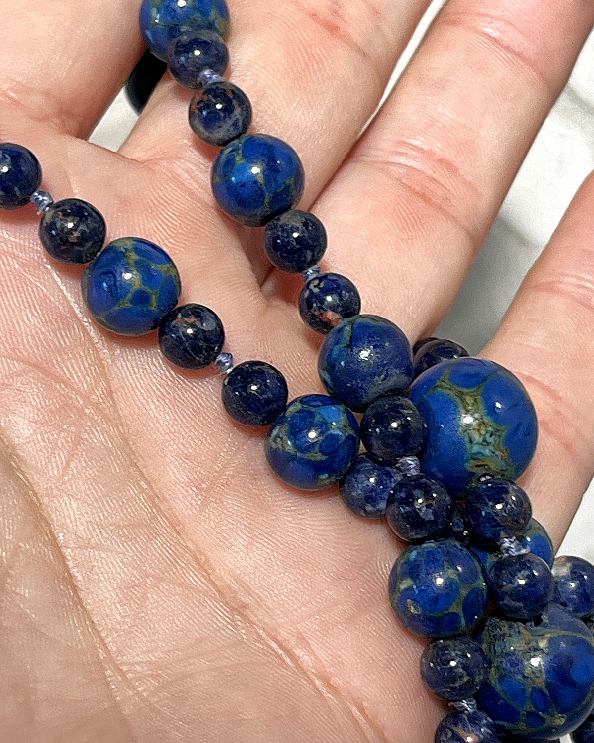 Jewellery: Deep Ultramarine Lapis Lazuli Hand-Knotted 90cm Opera Strand — 925 Sterling Silver Clasp