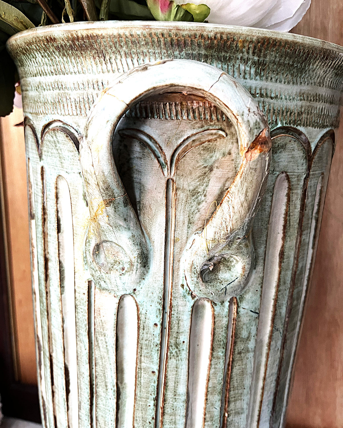 Studio Pottery: Brutalist Fluted Sage Green Studio Pottery Umbrella Stand