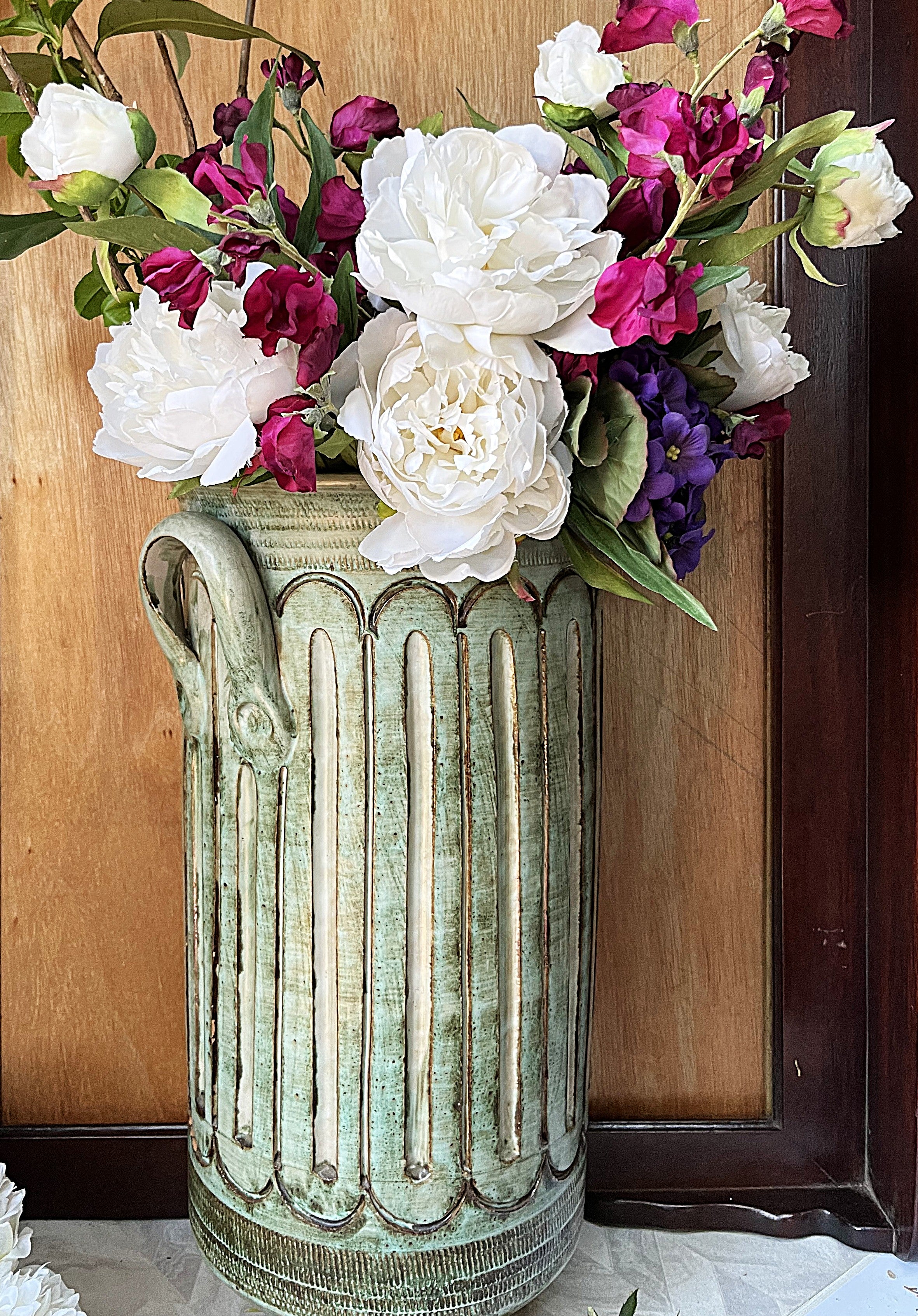 Studio Pottery: Brutalist Fluted Sage Green Studio Pottery Umbrella Stand