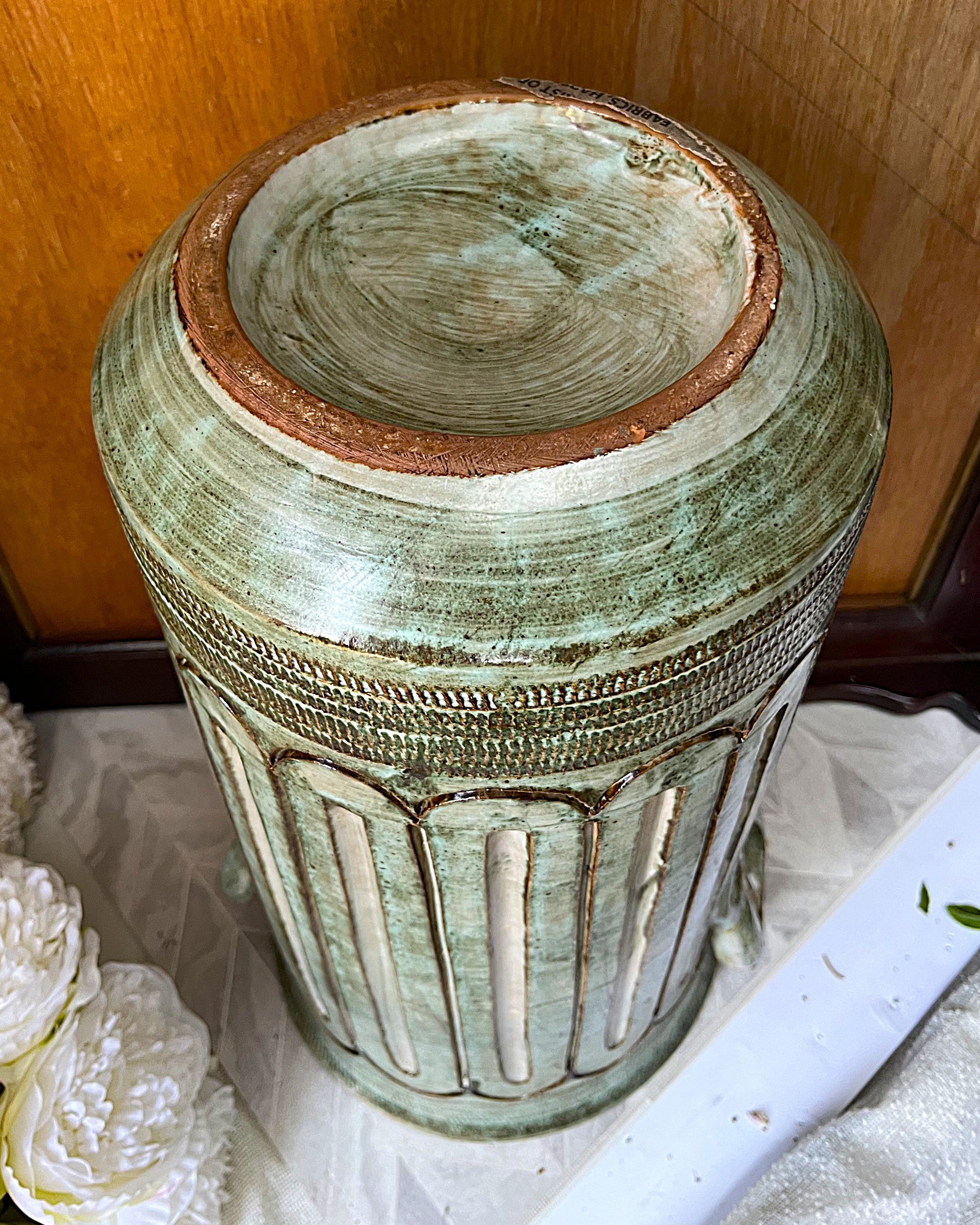 Studio Pottery: Brutalist Fluted Sage Green Studio Pottery Umbrella Stand