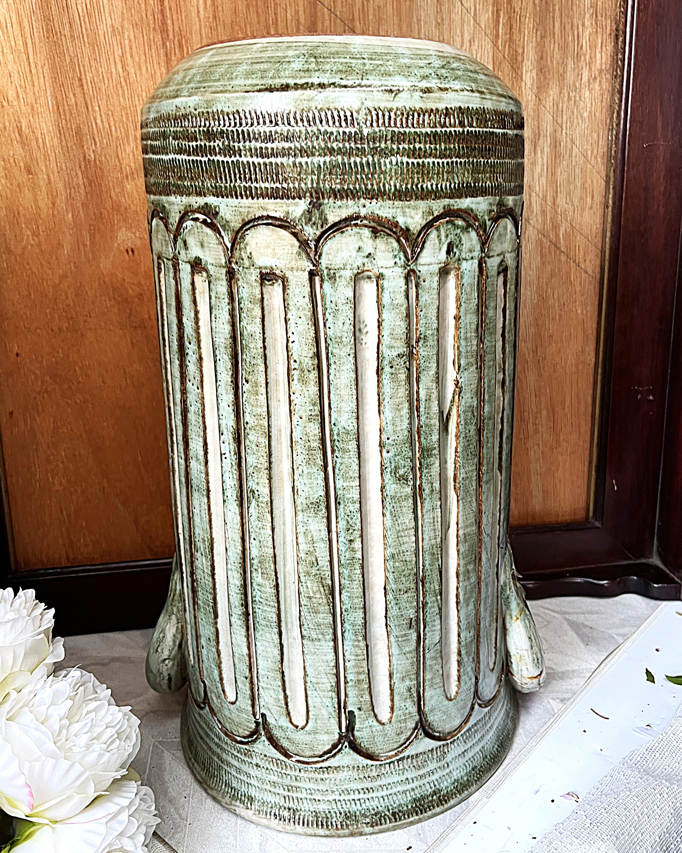 Studio Pottery: Brutalist Fluted Sage Green Studio Pottery Umbrella Stand