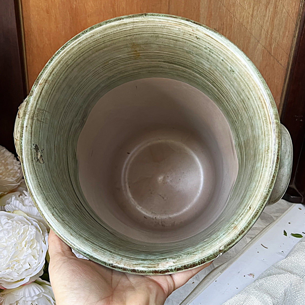 Studio Pottery: Brutalist Fluted Sage Green Studio Pottery Umbrella Stand