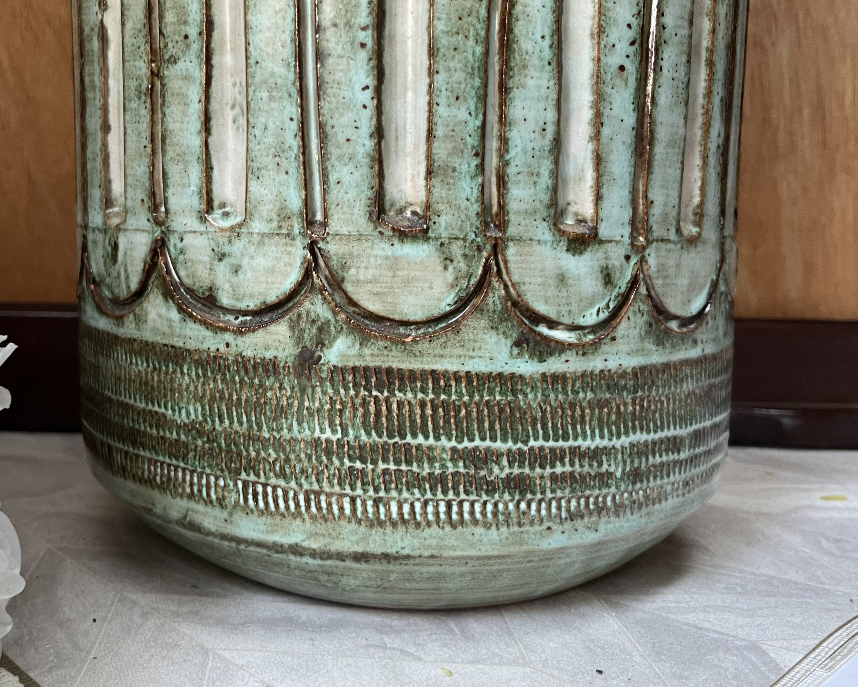 Studio Pottery: Brutalist Fluted Sage Green Studio Pottery Umbrella Stand