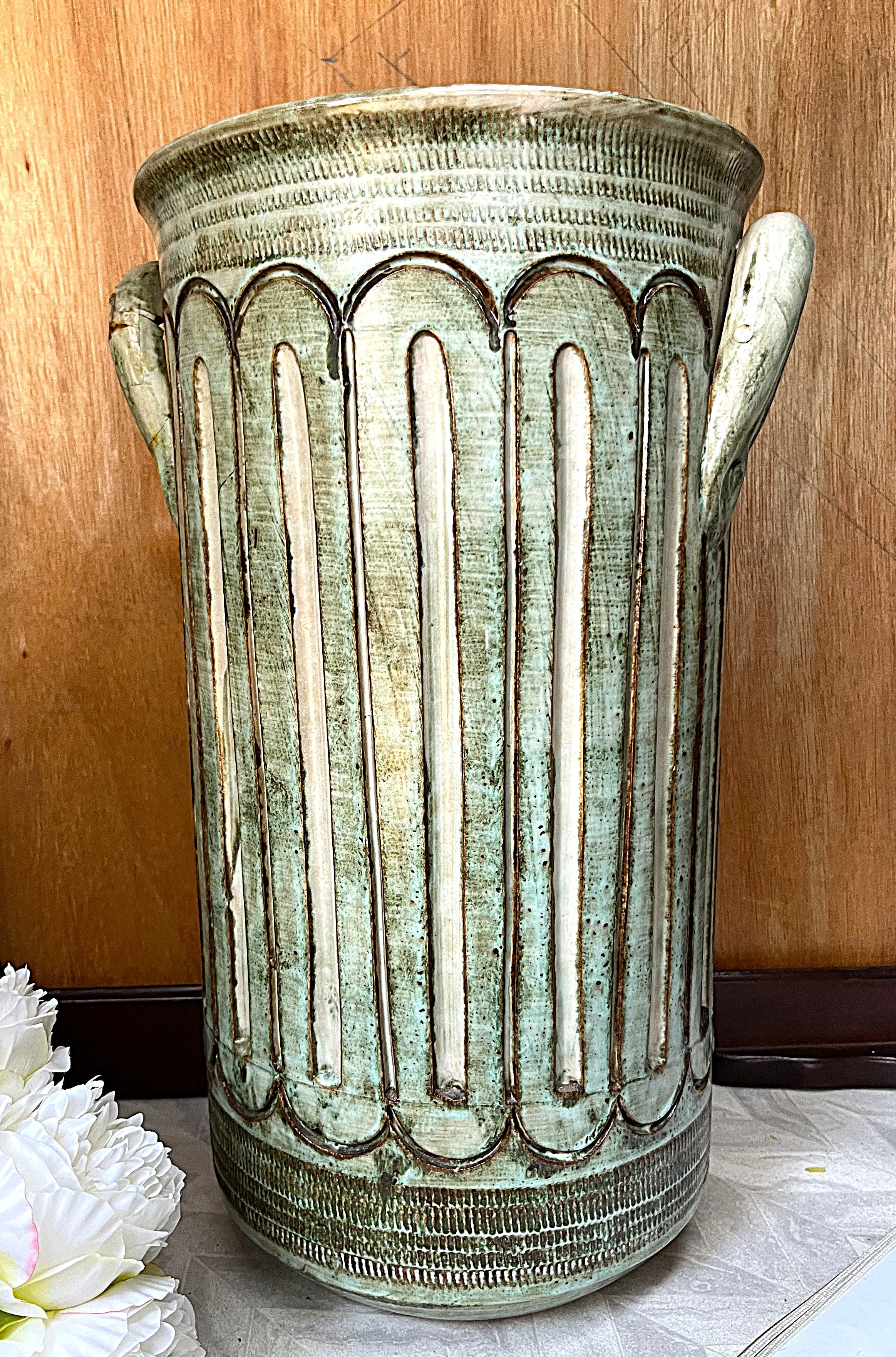 Studio Pottery: Brutalist Fluted Sage Green Studio Pottery Umbrella Stand