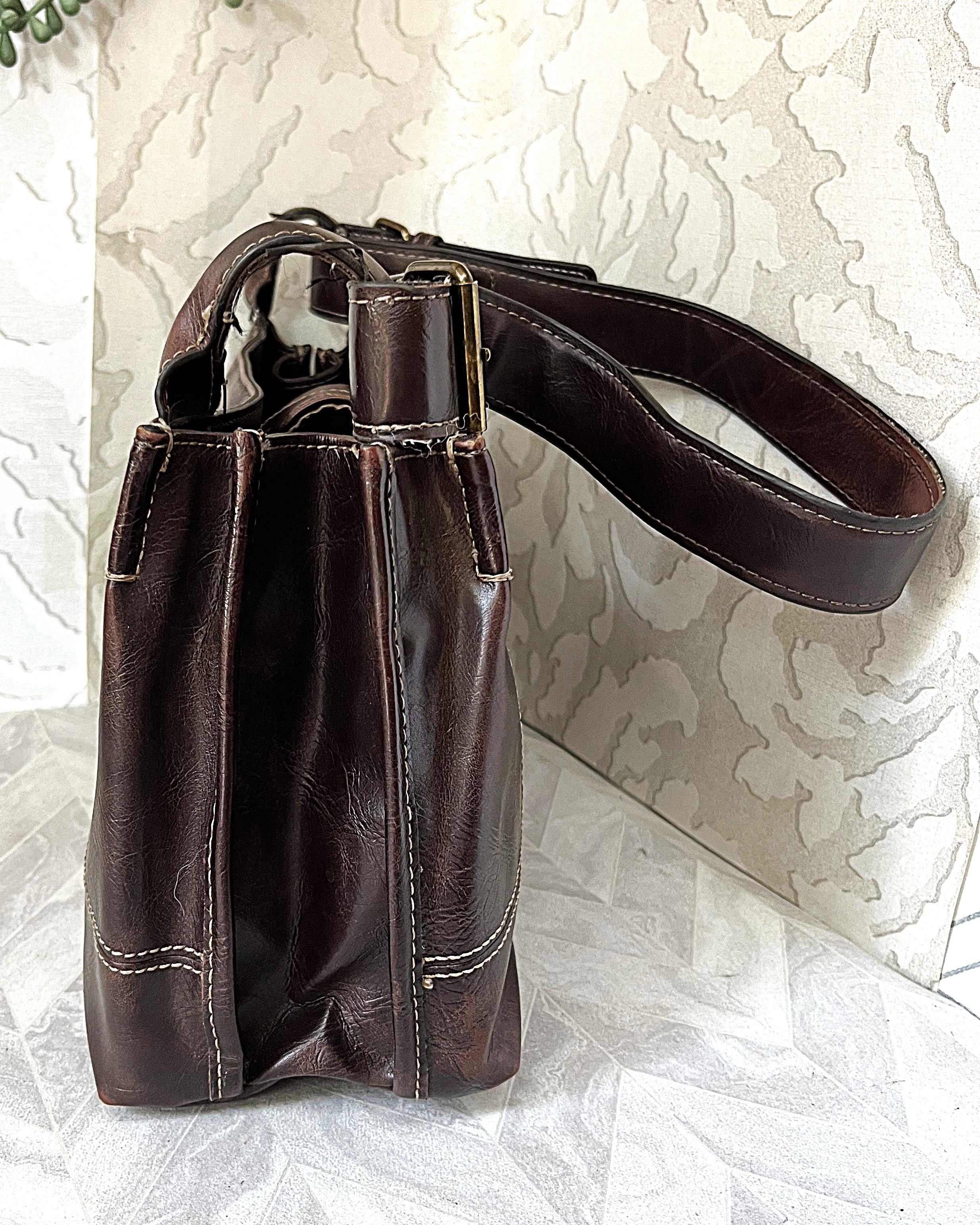Bags: Nine & Co Espresso Distressed-Patina Shoulder Bag