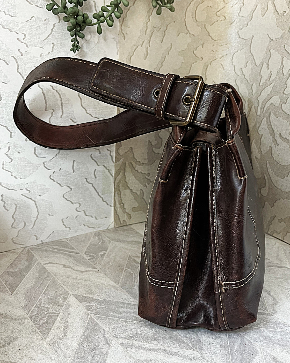 Bags: Nine & Co Espresso Distressed-Patina Shoulder Bag