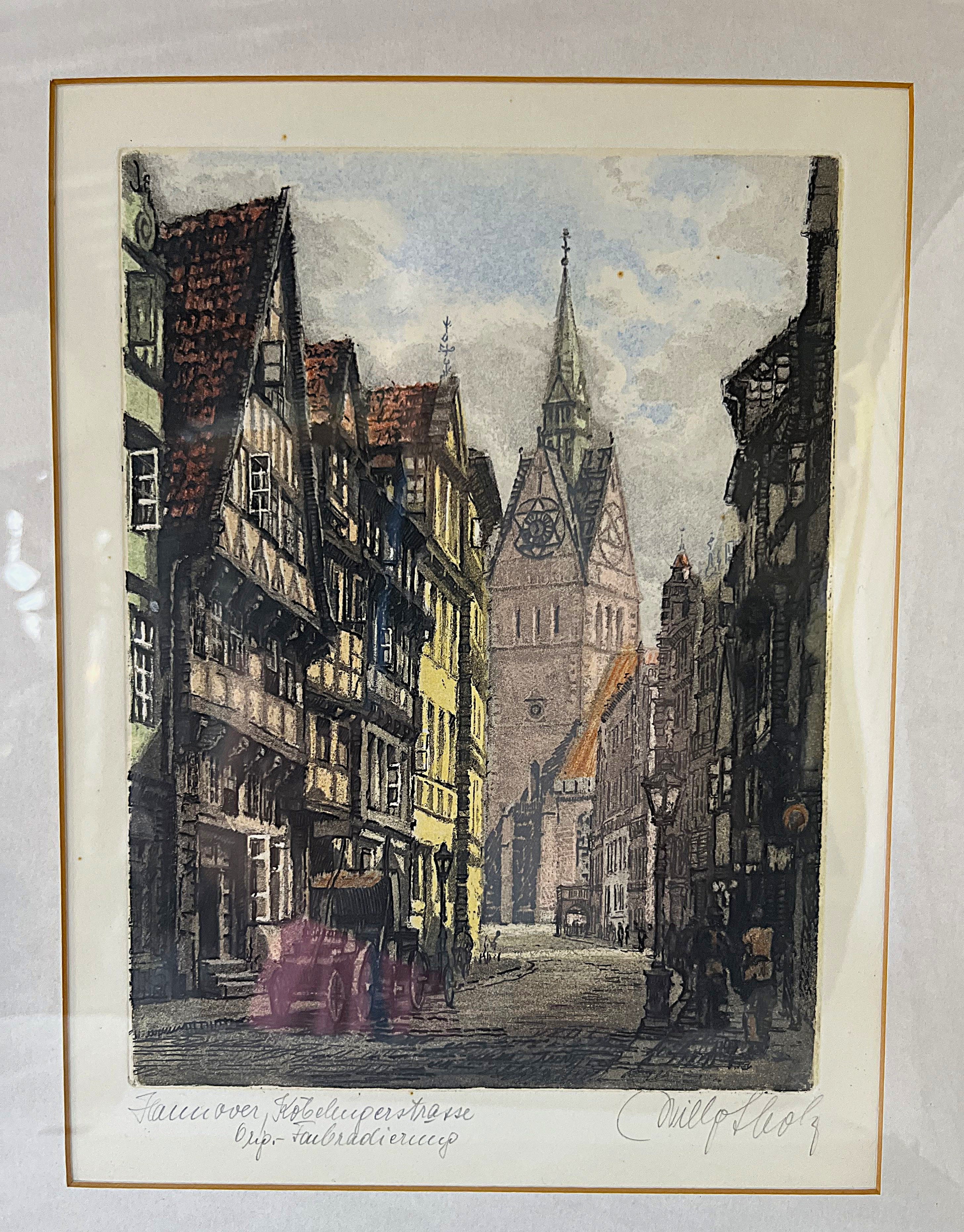 Prints & Etchings: Willy Scholz Signed Hannover Köbelingerstraße Colour Etching