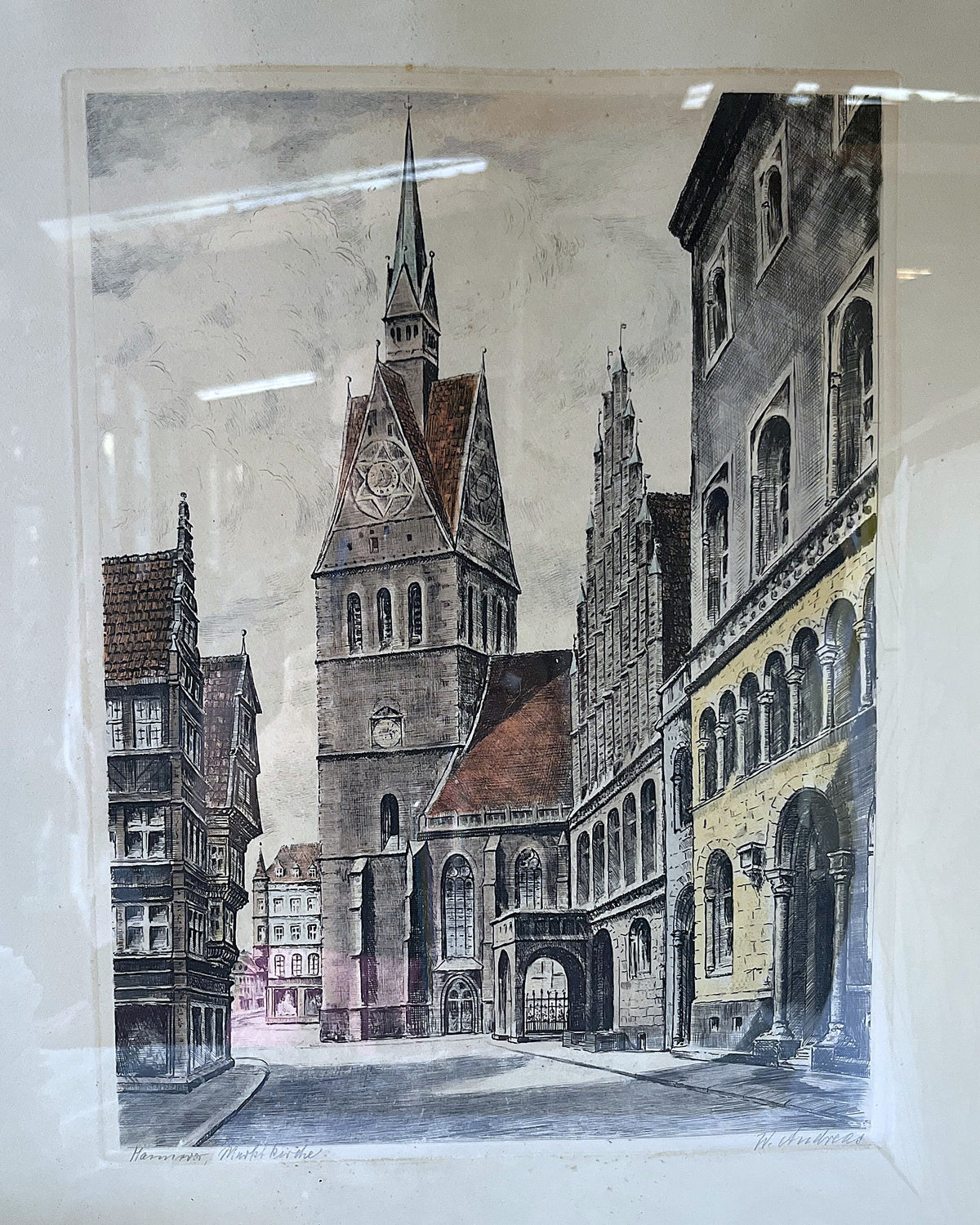 Prints & Etchings: W. Andreas Signed Hannover Marktkirche Colour Etching