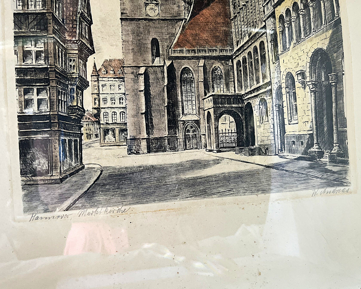 Prints & Etchings: W. Andreas Signed Hannover Marktkirche Colour Etching