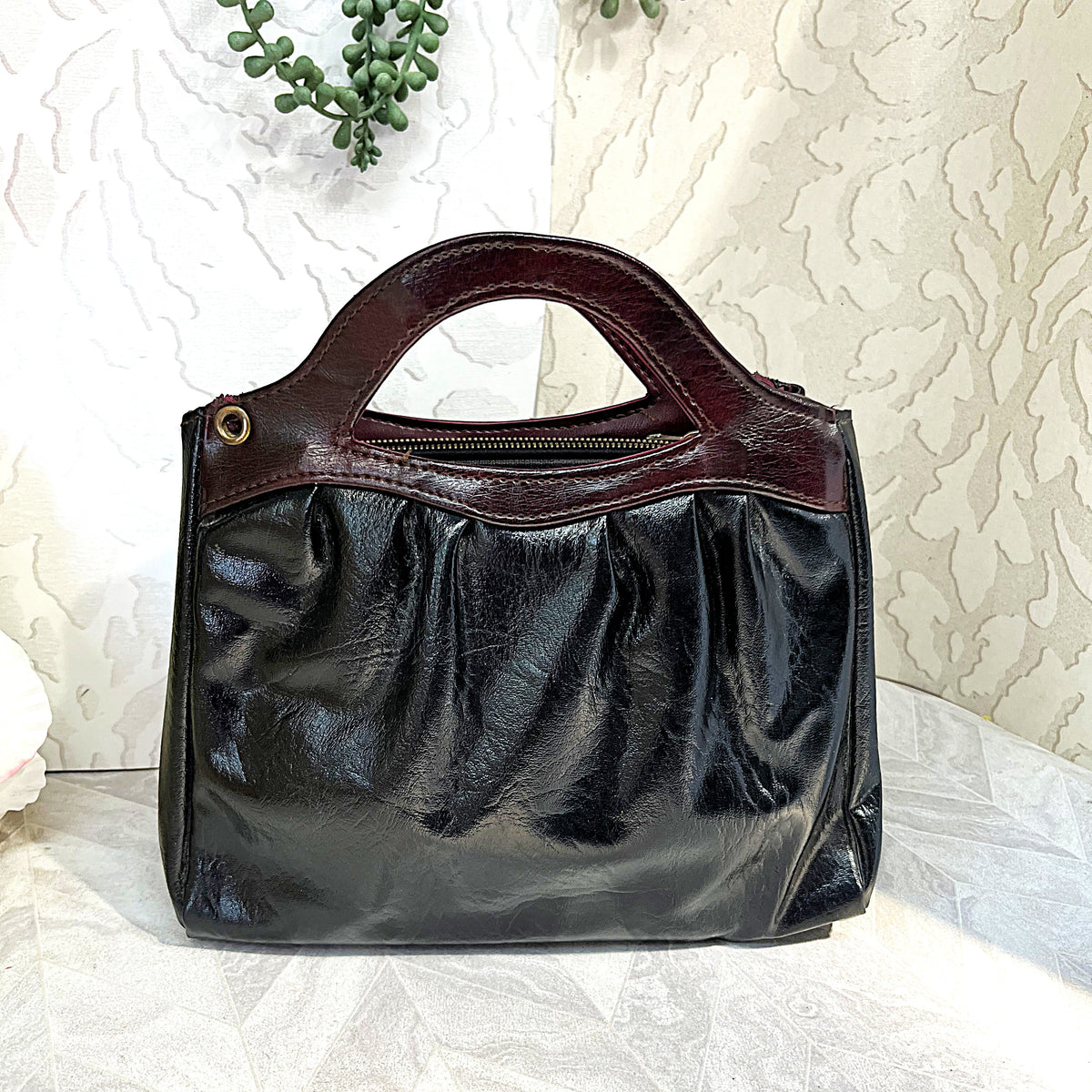 Bags: Oxblood & Black Ruched Top Handle Satchel Bag