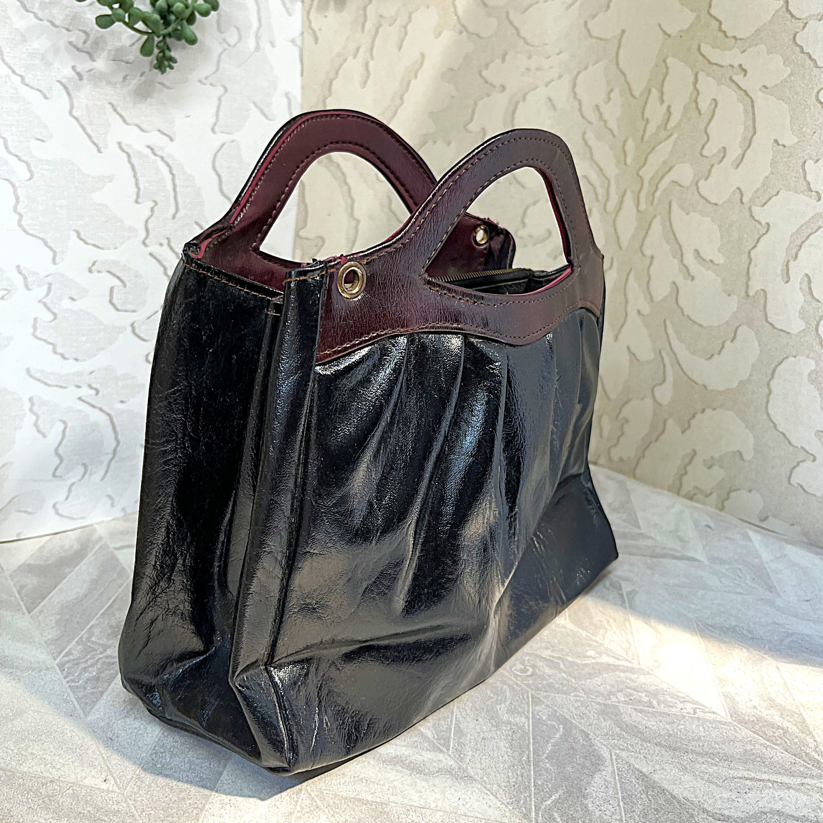 Bags: Oxblood & Black Ruched Top Handle Satchel Bag