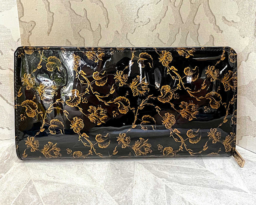 Wallets: Black & Gold Floral Clutch Wallet