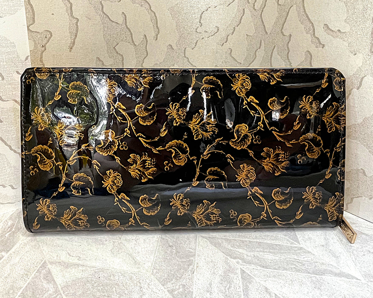 Wallets: Black & Gold Floral Clutch Wallet