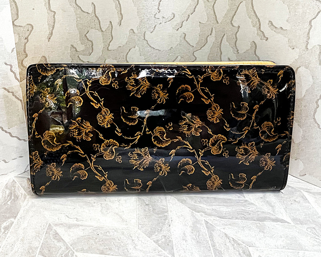 Wallets: Black & Gold Floral Clutch Wallet