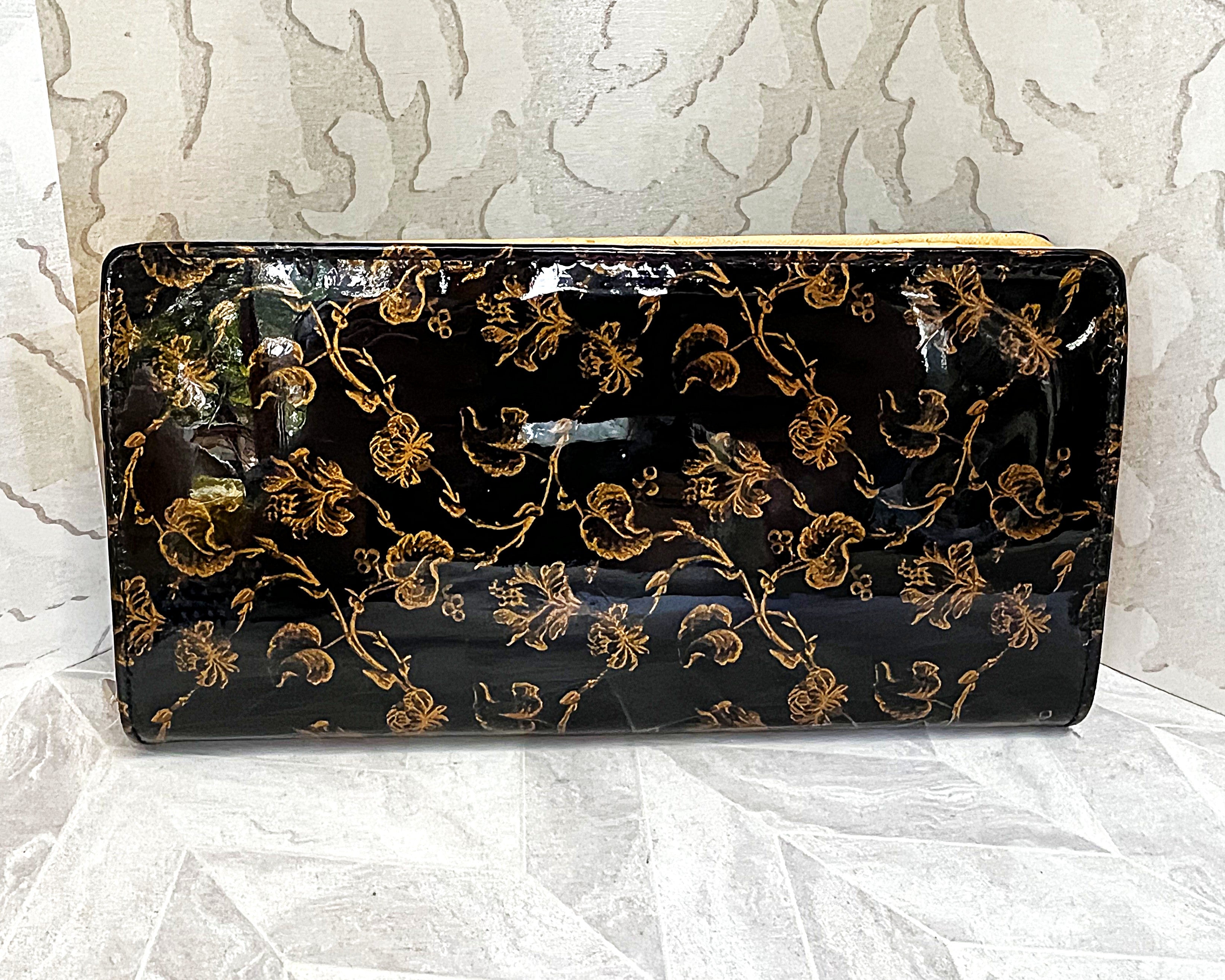 Wallets: Black & Gold Floral Clutch Wallet