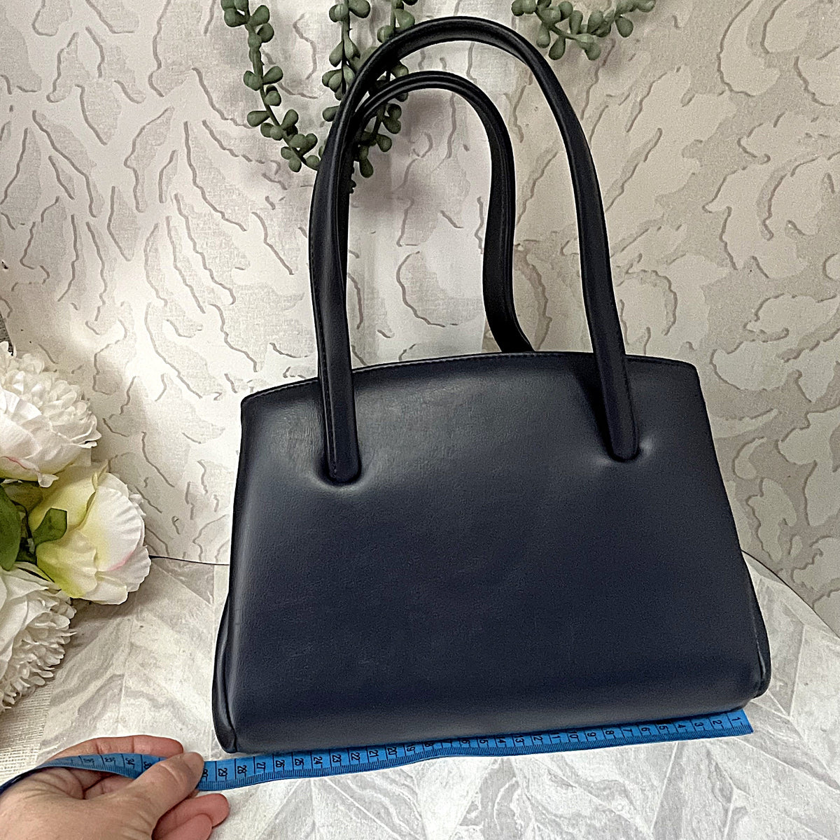 Bags: Blue Top Handle Bag with Central Gold Clasp Frame