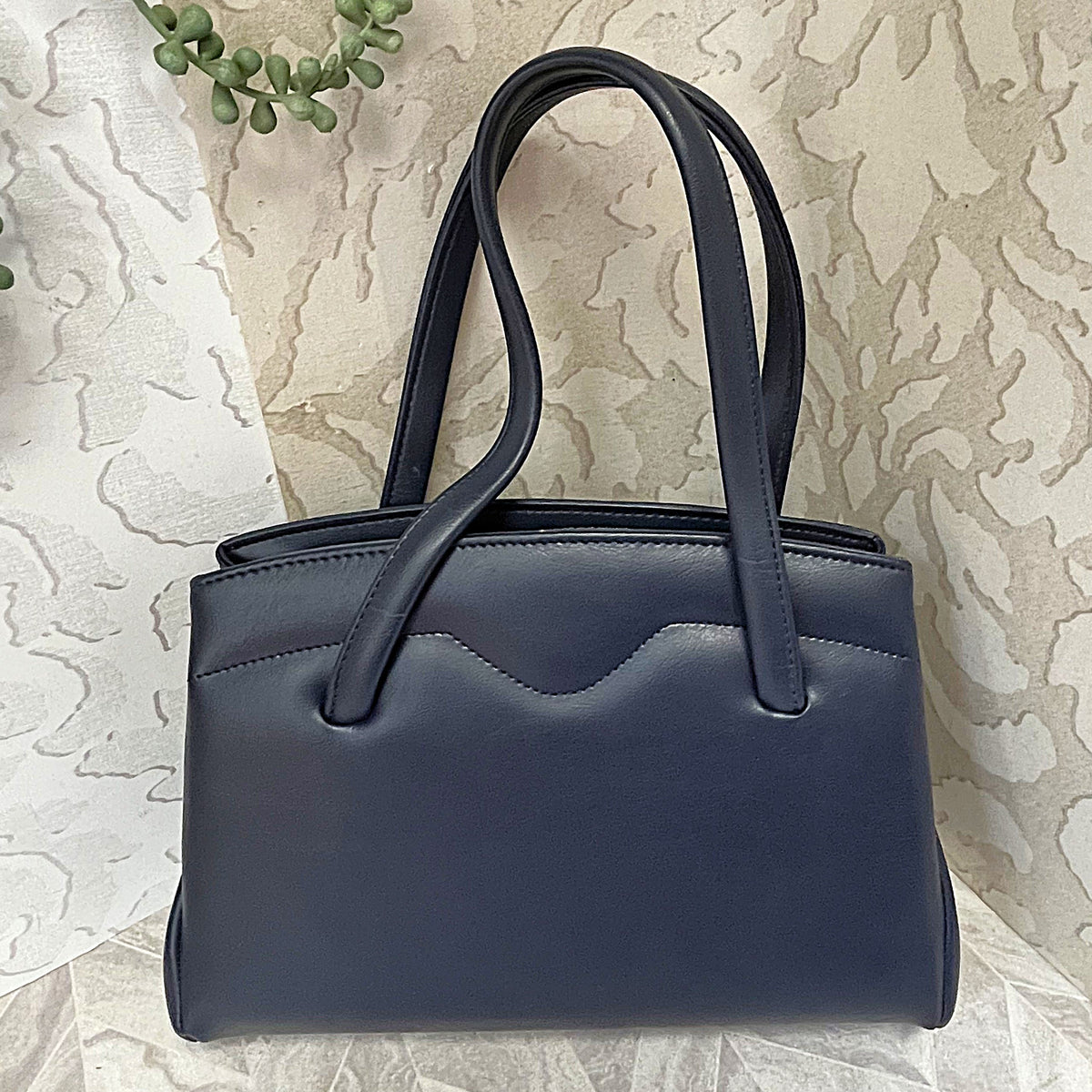 Bags: Blue Top Handle Bag with Central Gold Clasp Frame