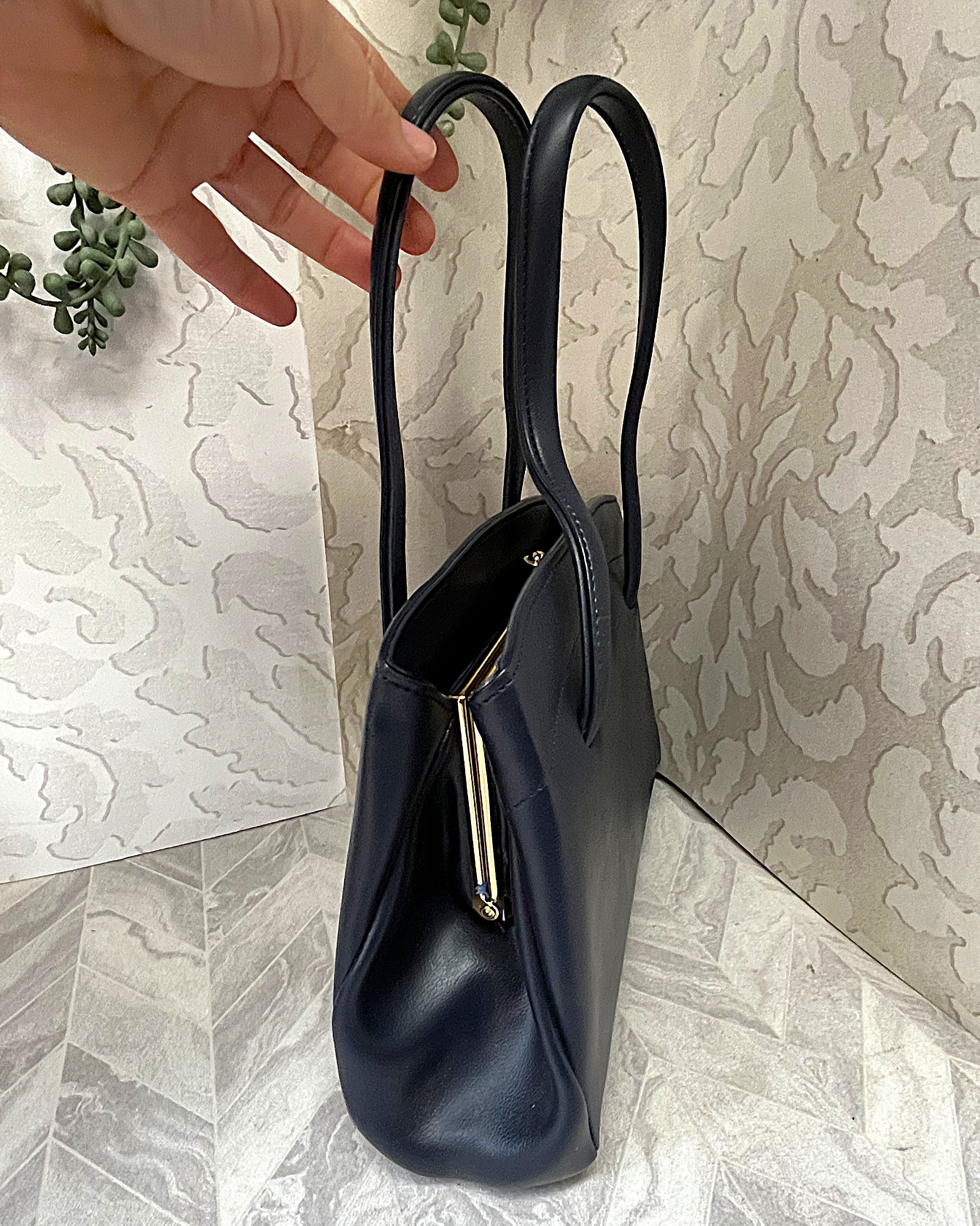 Bags: Blue Top Handle Bag with Central Gold Clasp Frame