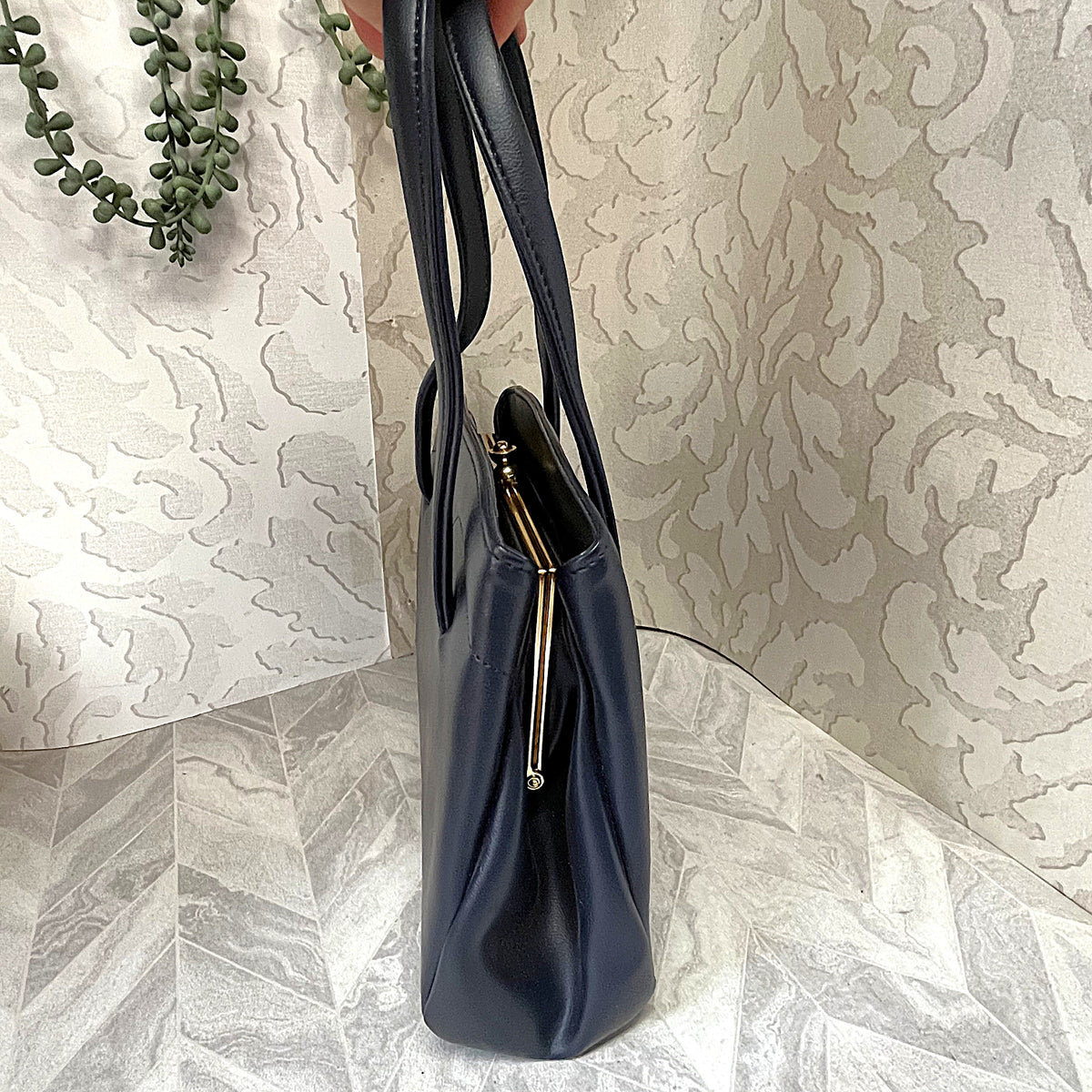 Bags: Blue Top Handle Bag with Central Gold Clasp Frame